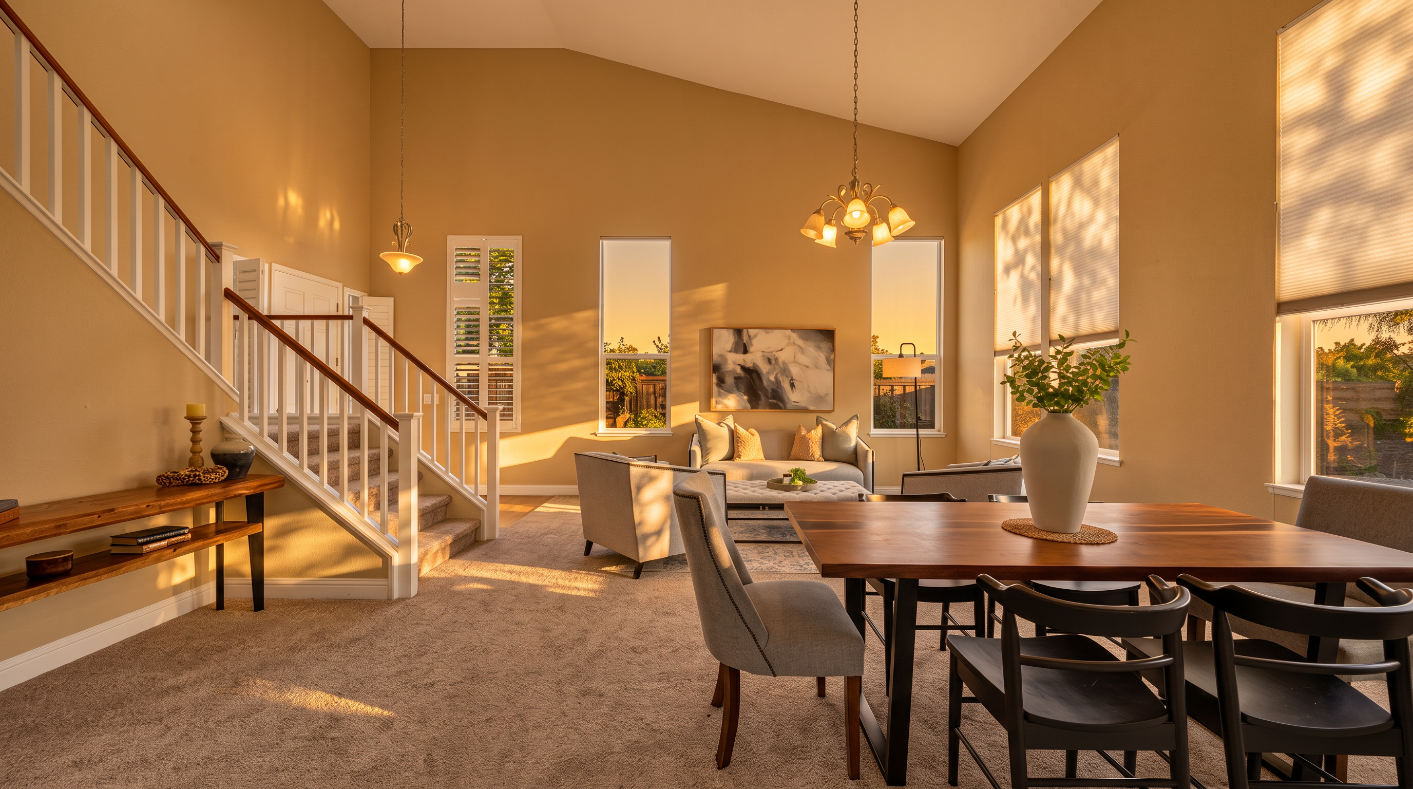 This open-concept living and dining area features high vaulted ceilings and neutral-toned walls, creating a bright and airy atmosphere. The space includes a dining area with a dark wood table and modern chairs, transitioning into a comfortable living room with plush seating and a central coffee table. A staircase with a white railing and wood accents adds architectural interest, while large windows allow for ample natural light throughout the room.