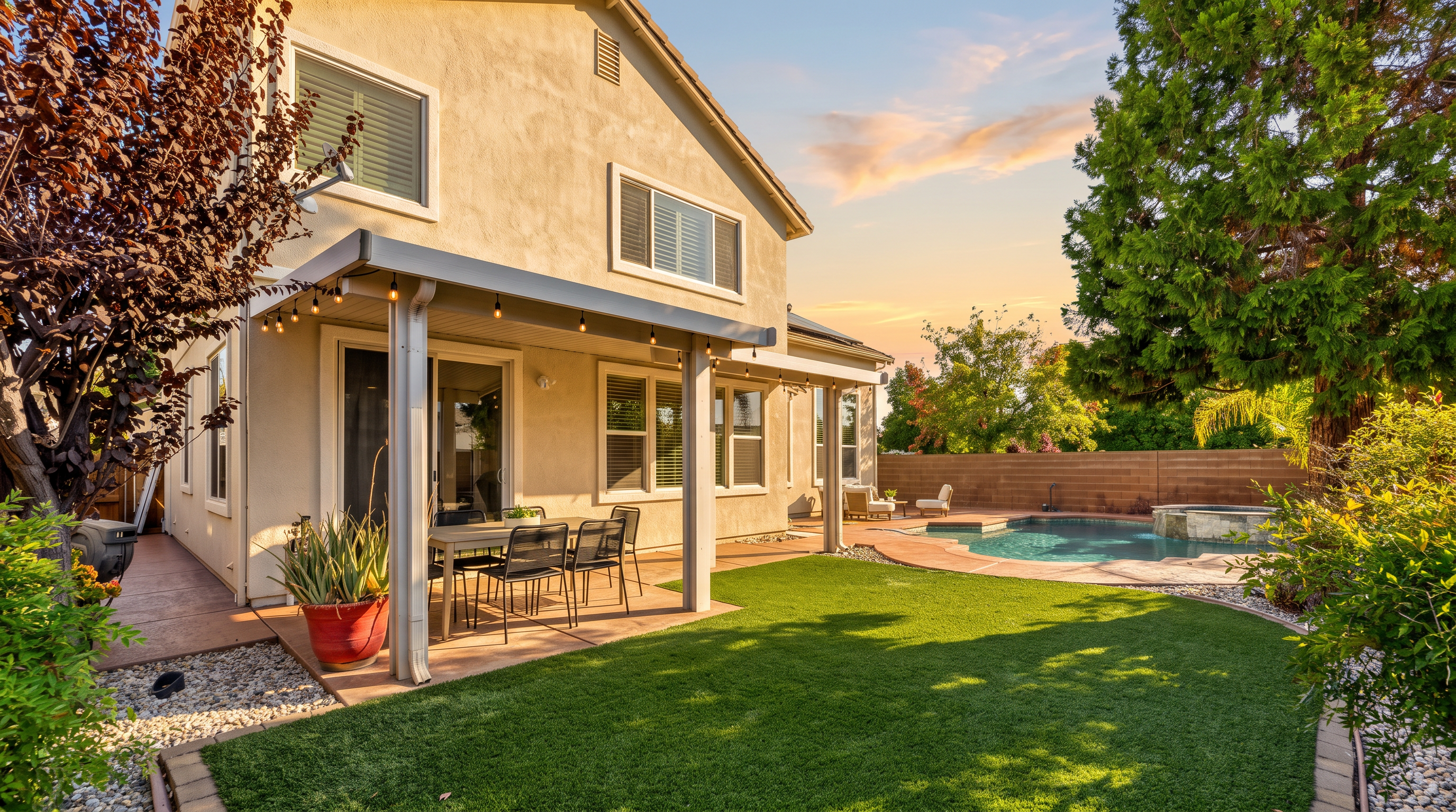 This rear view of a two-story home showcases a covered patio area furnished with a dining set, perfect for outdoor entertaining. The backyard features a well-manicured artificial turf lawn, a swimming pool with an integrated spa, and a wooden privacy fence. The scene is captured from a ground-level perspective, highlighting the seamless transition between the indoor living space and the inviting outdoor recreation area.