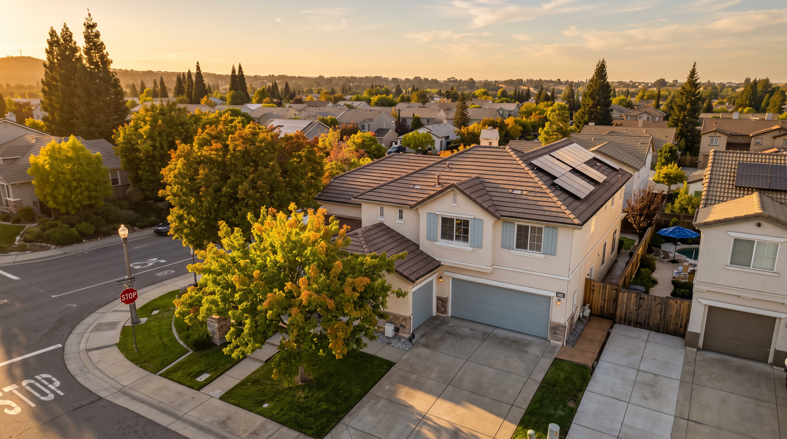 This high-angle aerial view captures a two-story suburban home situated on a corner lot, featuring a tiled roof with integrated solar panels and a light-colored stucco exterior. The property includes a multi-car garage, a well-manicured front lawn with a mature tree, and a fenced side yard with a glimpse of a swimming pool. The perspective provides a clear overview of the neighborhood layout, highlighting the home's curb appeal and its position within the quiet residential community.