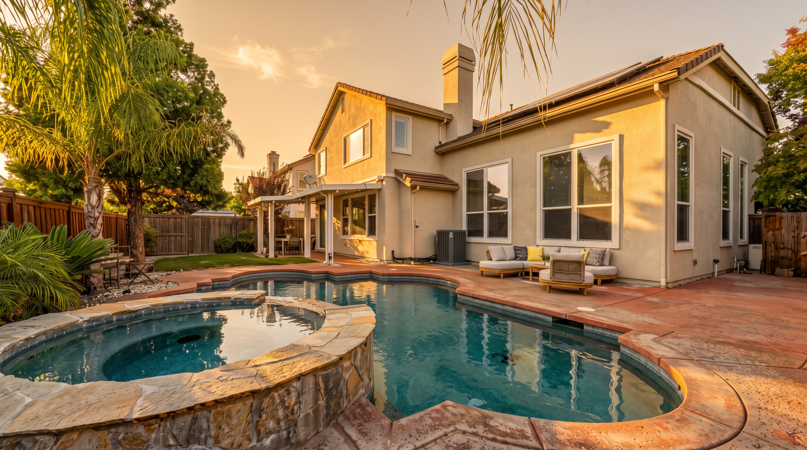 This rear view of a two-story suburban home showcases a custom-shaped swimming pool and an integrated stone-clad spa. The backyard features a stamped concrete patio area with outdoor seating, a covered patio section, and mature palm trees that add a tropical feel. The scene is captured from a low angle, emphasizing the inviting outdoor living space and the home's architectural design.