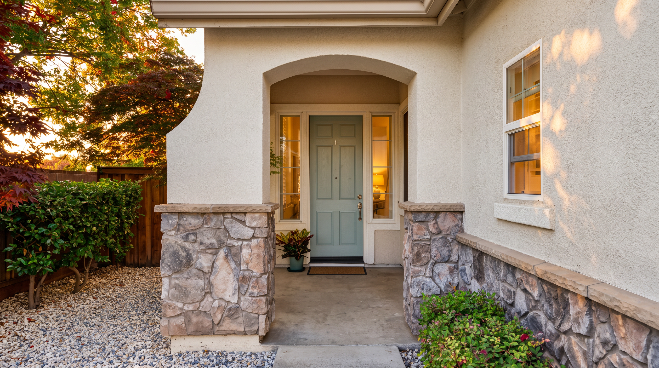 This inviting front entryway features a light blue front door framed by sidelights and an arched architectural detail. The facade is accented with stone veneer pillars and a stucco finish, creating a warm and textured curb appeal. A small potted plant sits near the entrance, and the surrounding area includes a gravel landscape and manicured greenery, offering a welcoming and well-maintained appearance.