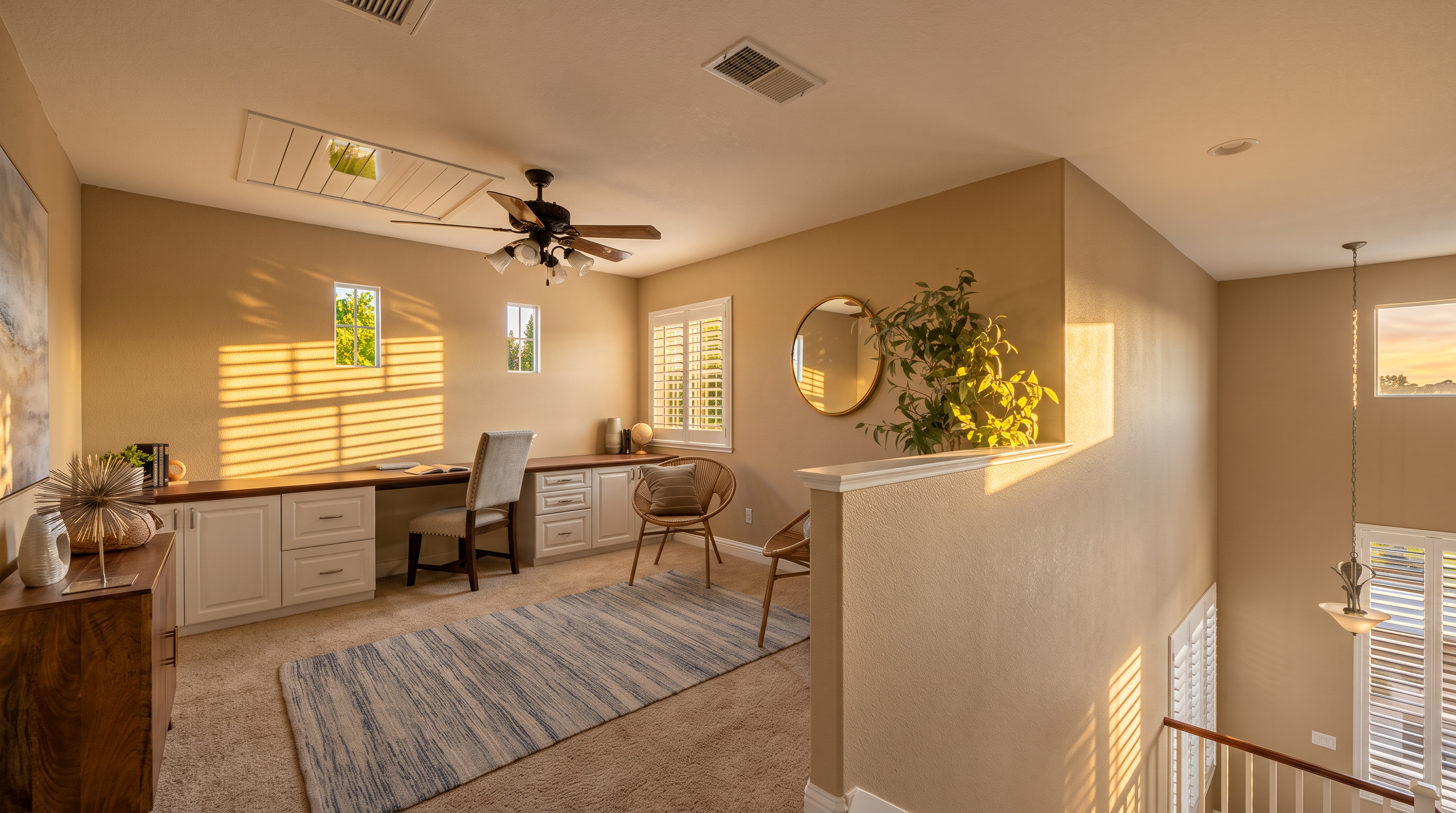 This bright and open loft area serves as a functional home office, featuring a long built-in desk with white cabinetry and a dark wood countertop. The space is accented by a neutral-toned area rug, a round wall mirror, and a potted plant, creating a clean and inviting atmosphere. The perspective looks across the landing, showing the transition from the workspace to the staircase railing overlooking the lower level.