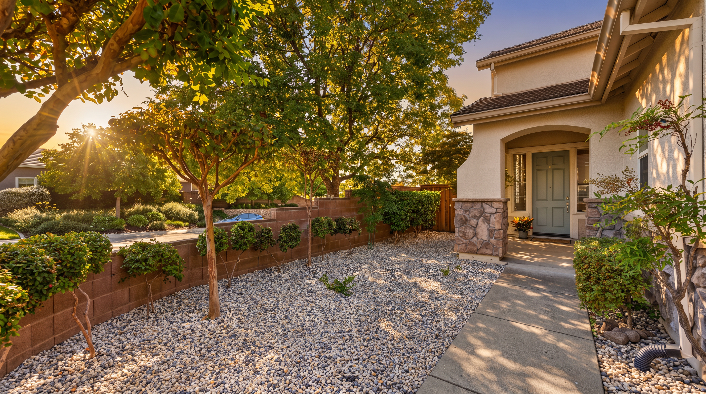 This inviting front entryway features a light blue front door set within a recessed porch area accented by stone veneer pillars. A concrete walkway leads to the entrance, flanked by a low-maintenance landscape of light-colored gravel and manicured shrubs. The scene is framed by mature trees that provide dappled shade, creating a peaceful and well-maintained curb appeal.