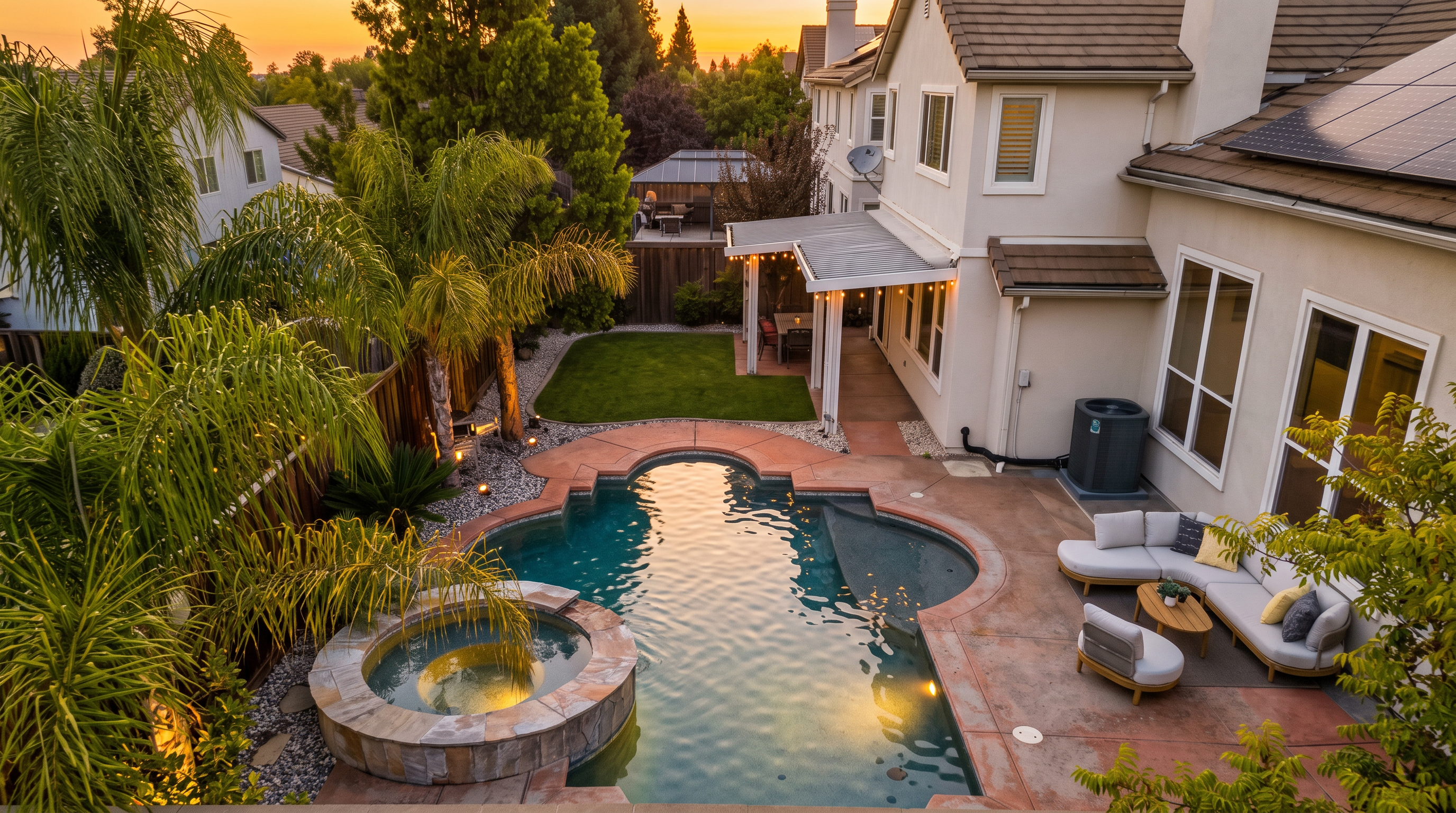 This high-angle aerial view captures a well-maintained backyard featuring a custom-shaped swimming pool and an integrated raised spa. The outdoor space includes a stamped concrete patio area furnished with a modern sectional sofa, a covered patio structure, and a lush green lawn bordered by mature palm trees. The perspective highlights the seamless transition between the home's rear exterior and the private, resort-style recreational area.