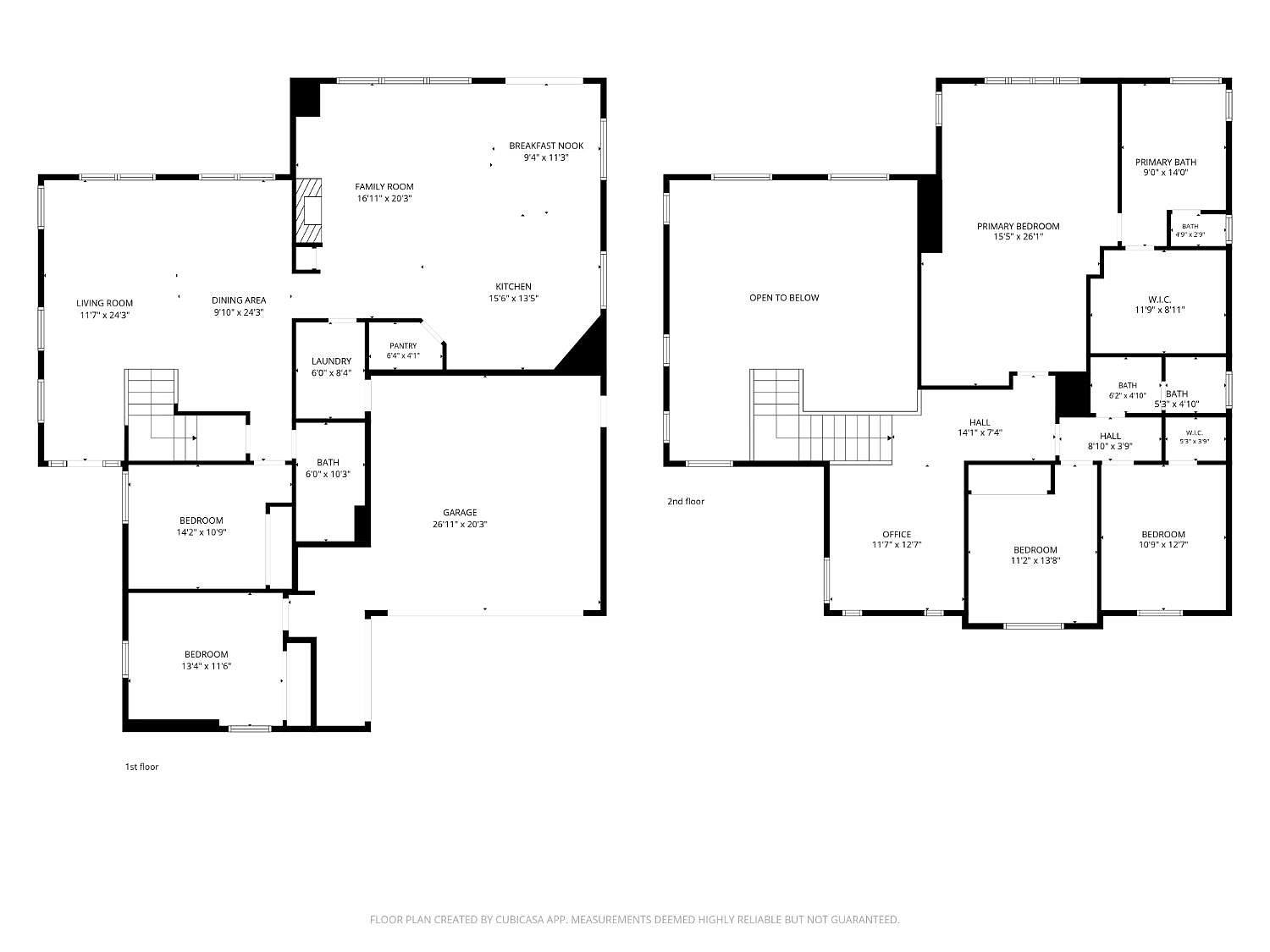 This image displays a comprehensive two-level floor plan layout, detailing the spatial arrangement of both the first and second floors. The first floor features a living room, dining area, family room, kitchen with a breakfast nook, laundry room, two bedrooms, and a garage. The second floor includes a primary bedroom suite with a large bath and walk-in closet, two additional bedrooms, an office, and an open-to-below area overlooking the lower level.