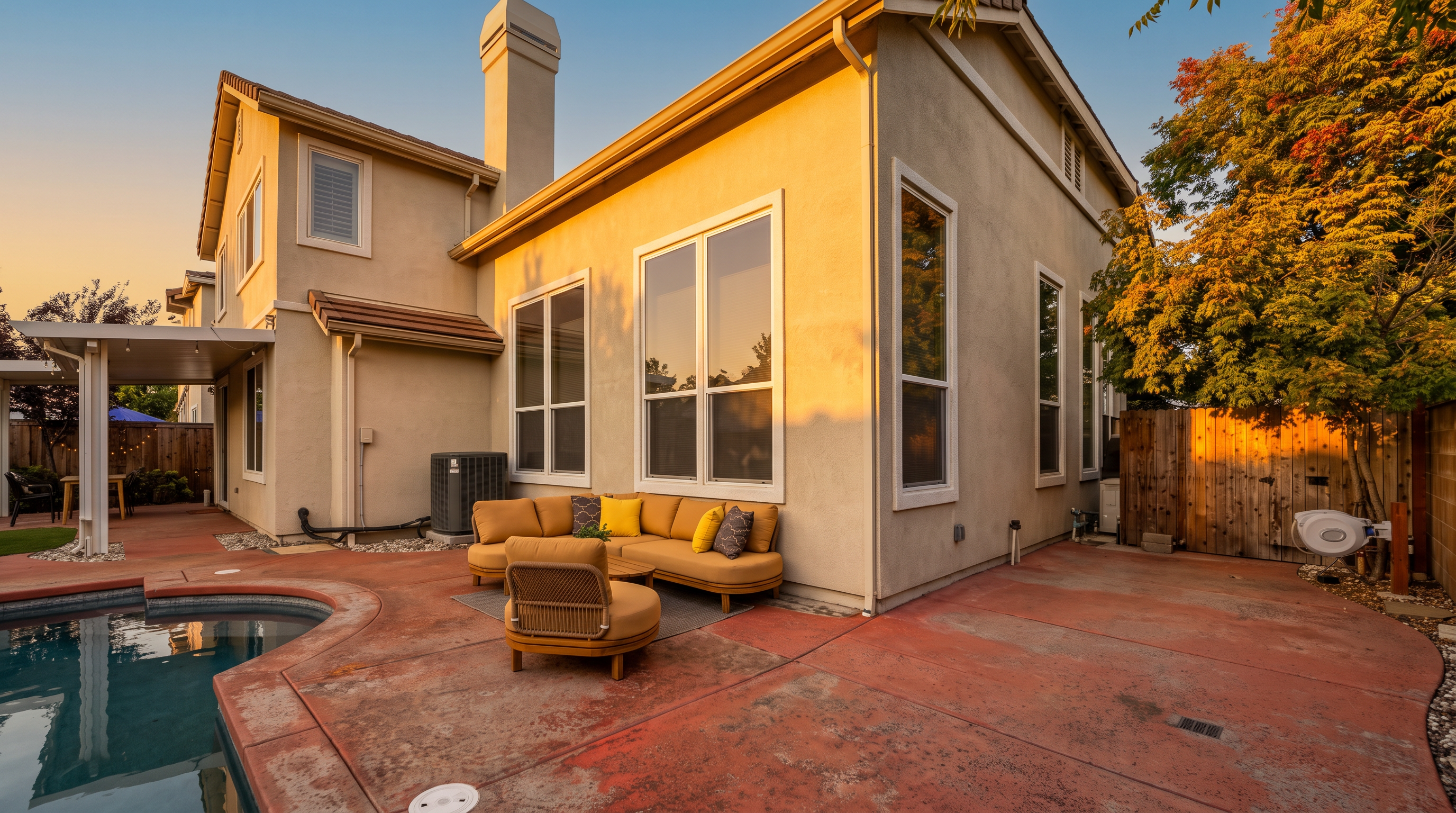 This rear exterior view showcases a spacious, red-toned concrete patio area featuring a comfortable outdoor seating arrangement with a sectional sofa and a circular lounge chair. The home's exterior is finished in a light-colored stucco, accented by tall windows and a prominent chimney. A swimming pool edge is visible on the left, while a wooden fence and mature trees provide a sense of privacy to the backyard setting.