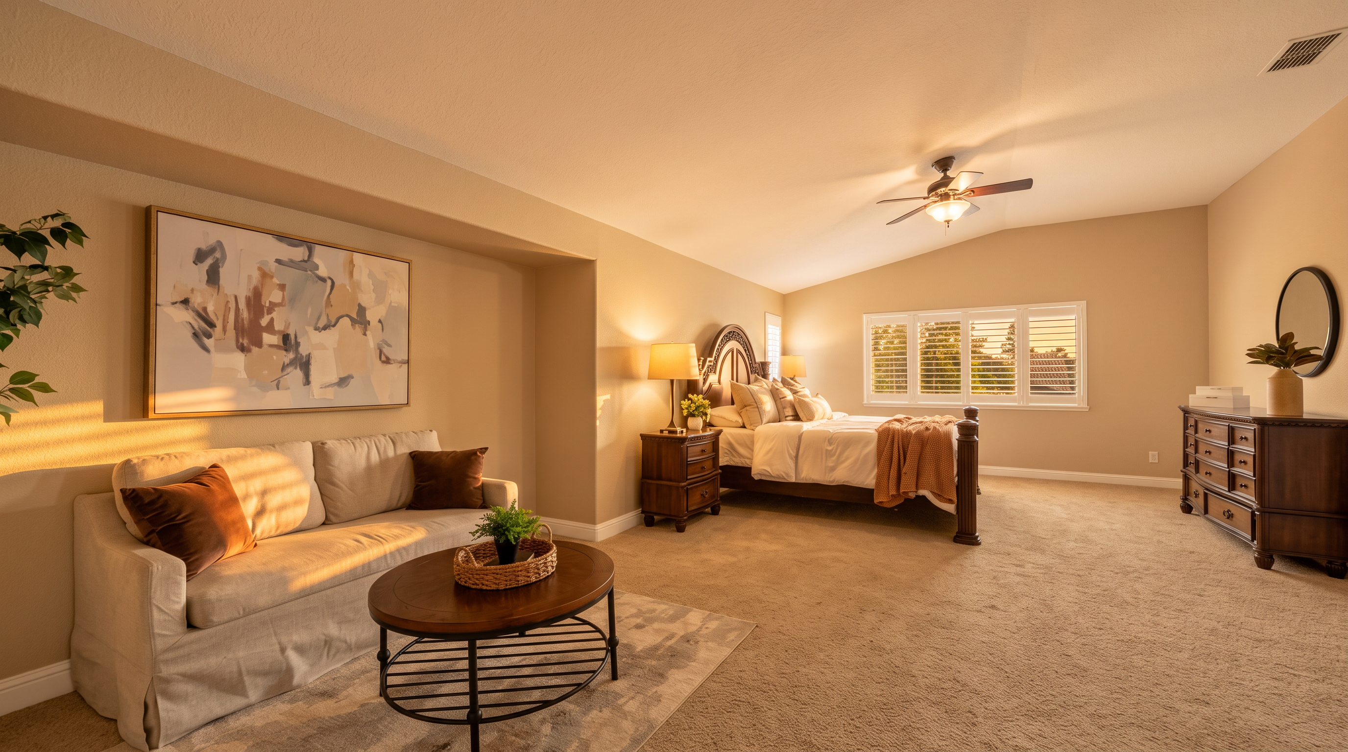 This spacious primary bedroom features a neutral color palette and a vaulted ceiling, creating an airy and inviting atmosphere. The room includes a dedicated seating area with a light-colored sofa and a round coffee table, alongside a large bed and a dark wood dresser. Large windows with white shutters allow natural light to fill the space, which is finished with wall-to-wall carpeting.