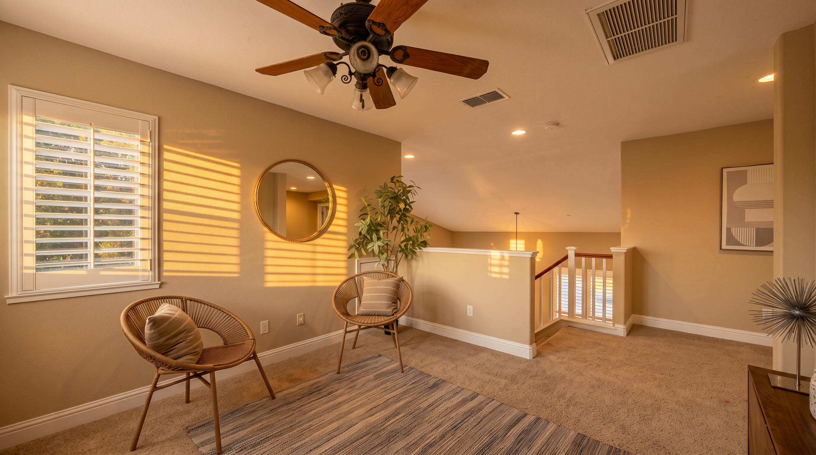This bright loft area features a neutral color palette, carpeted flooring, and a ceiling fan with integrated lighting. Two woven chairs are arranged on a textured area rug, creating a cozy seating nook, while a round mirror and a potted plant add decorative interest. The space overlooks a staircase with a white railing, providing an open and airy feel to the upper level.