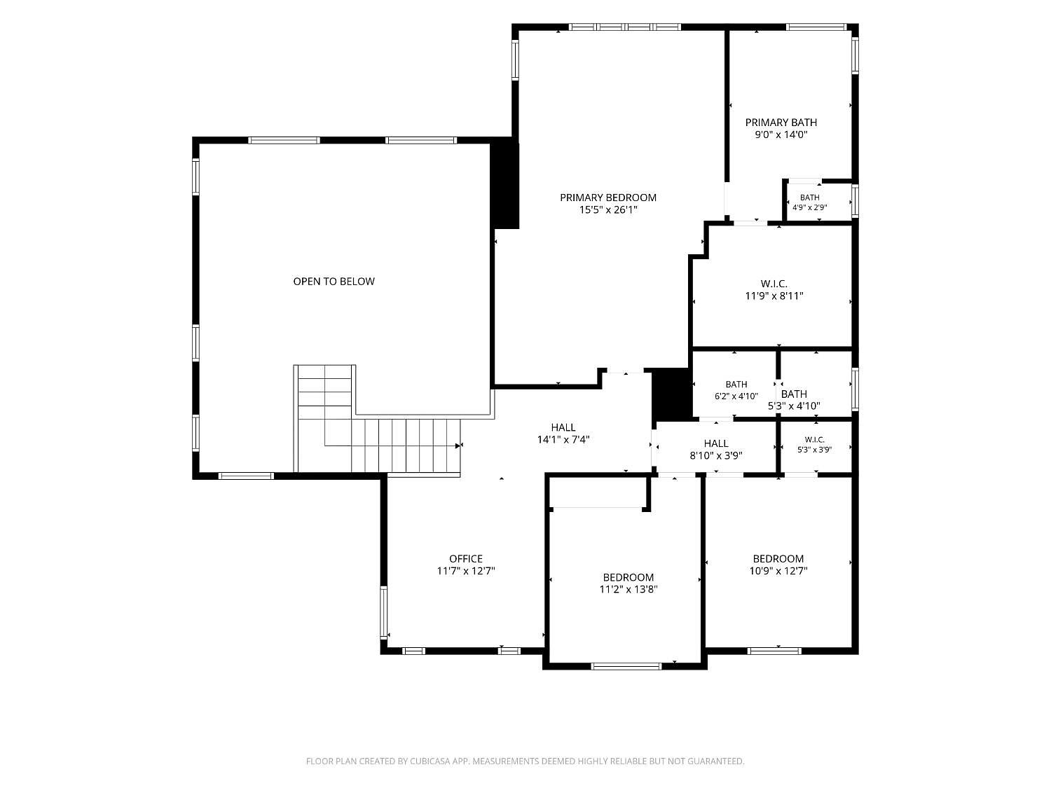 This image is a detailed 2D floor plan of an upper level, showcasing the layout of a primary bedroom suite, two additional bedrooms, an office, and multiple bathrooms. The plan includes a central hallway, a staircase area, and an open-to-below section, providing a clear overview of the home's spatial configuration. The diagram is presented in a clean, technical style with labeled room dimensions for easy reference.