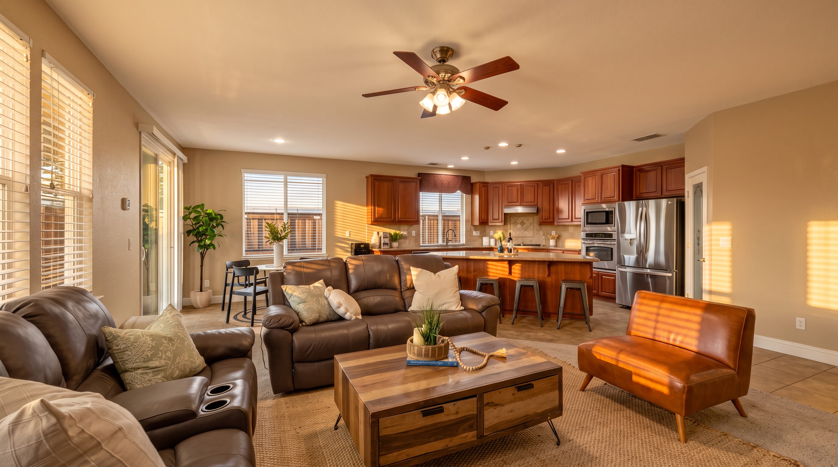 This open-concept living area features a spacious layout that seamlessly integrates a comfortable seating area with a kitchen and dining space. The room is anchored by a large, textured area rug and a wooden coffee table, complemented by a leather sofa and a modern accent chair. Large windows and a sliding glass door provide ample natural light, creating an inviting and airy atmosphere perfect for entertaining.