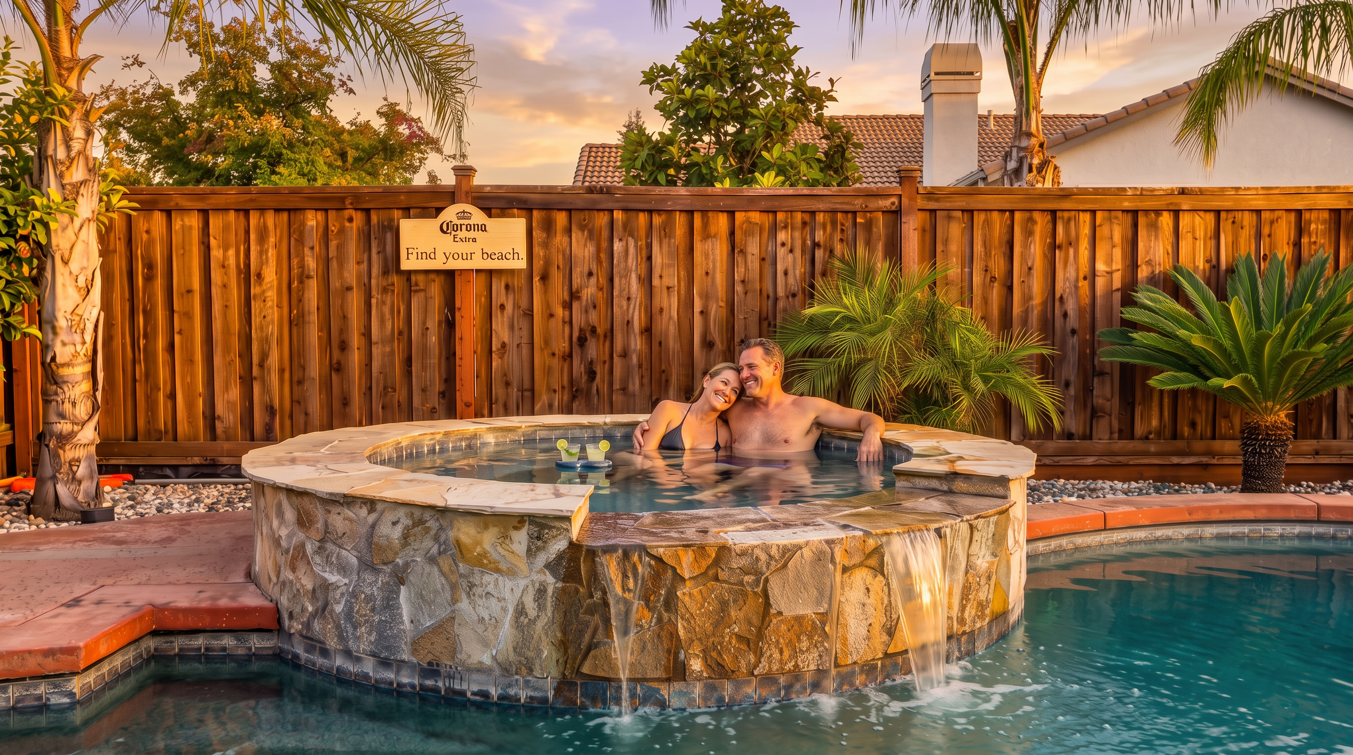 This backyard oasis features a raised, stone-clad spa that spills over into a sparkling swimming pool. A wooden privacy fence serves as the backdrop, accented by a decorative Corona sign and lush palm trees. The scene captures a relaxing, resort-style atmosphere perfect for outdoor entertaining.