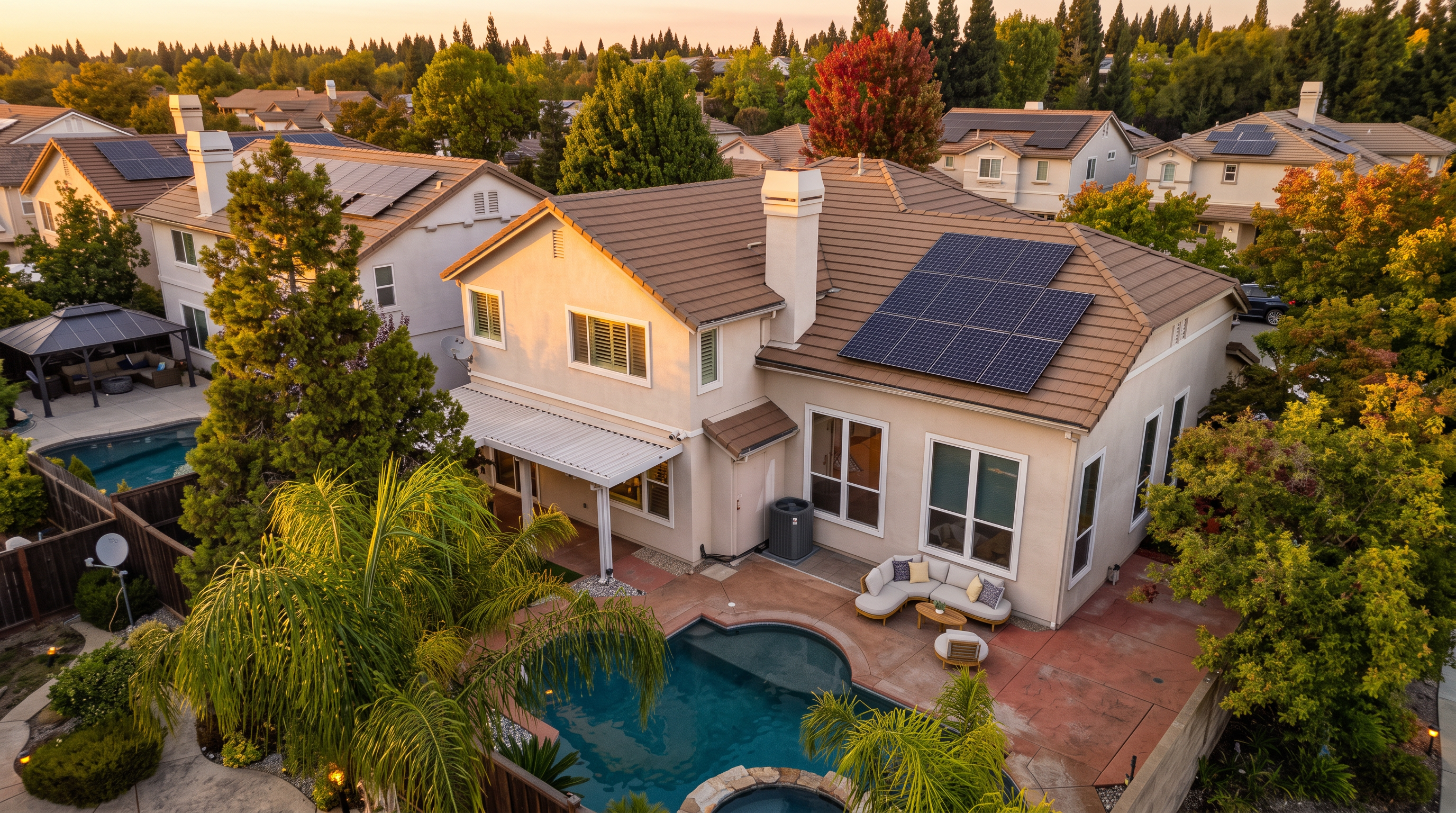This high-angle aerial view captures the rear of a two-story suburban home, showcasing a private backyard oasis complete with a swimming pool and integrated spa. The property features a tiled roof equipped with solar panels, a covered patio area with outdoor seating, and mature landscaping that provides a sense of seclusion. The perspective highlights the home's layout and its seamless integration with the outdoor recreational space.