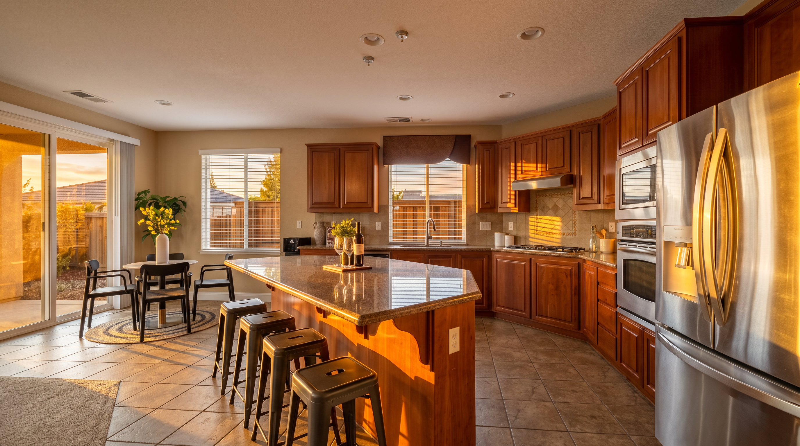 This spacious kitchen features warm-toned wood cabinetry, a large central island with a stone countertop, and stainless steel appliances, including a double wall oven and a side-by-side refrigerator. The room is finished with neutral tile flooring and is illuminated by recessed lighting, with a dining area visible to the left. The perspective is a wide-angle shot from the kitchen entrance, showcasing the open-concept layout and functional workspace.