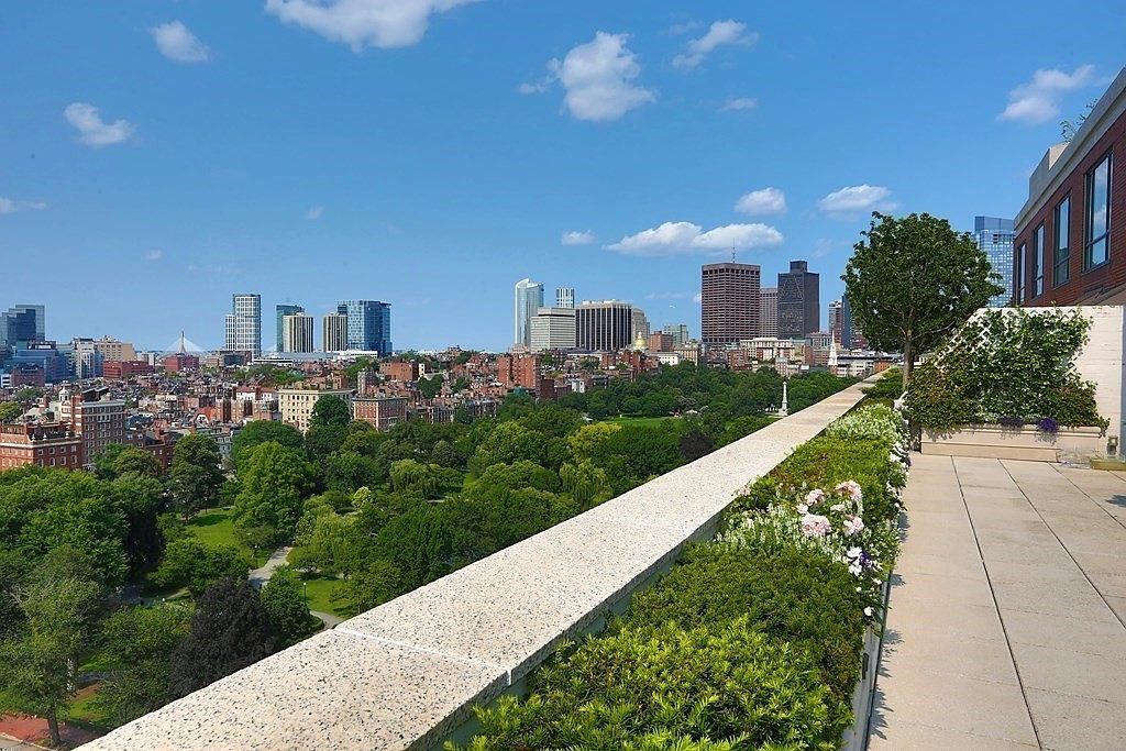 This image showcases a luxurious patio or balcony with a stunning cityscape view. The foreground features well-maintained greenery and flowers along a stone barrier, leading to a tiled patio area. In the background, a vibrant city skyline is visible under a clear blue sky, creating an impressive and desirable outdoor living space.