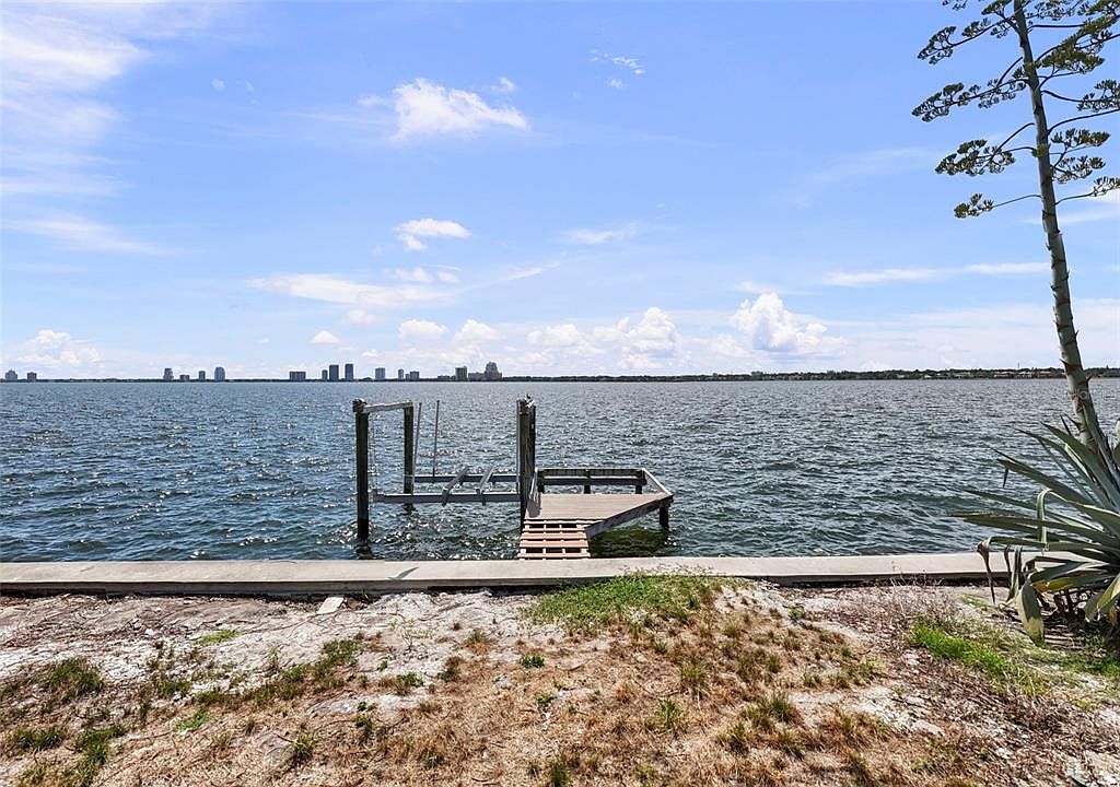 This exterior shot showcases the rear of the property, featuring a waterfront view with a small dock and ladder leading into the water. The shoreline is sandy with sparse vegetation, and the cityscape is visible in the distance under a partly cloudy sky. A mature tree with unique foliage stands to the side, adding a natural element to the scene.