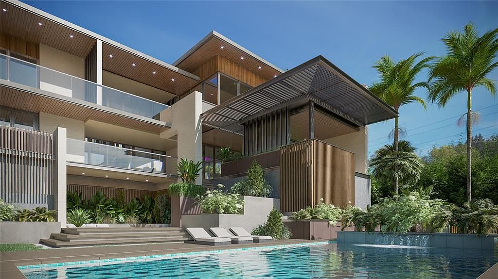 This image showcases the rear exterior of a modern luxury home, emphasizing the pool and surrounding landscape. The architecture features clean lines, wood accents, and glass railings on the balconies. The pool area includes lounge chairs and lush greenery, creating a serene and inviting outdoor space.