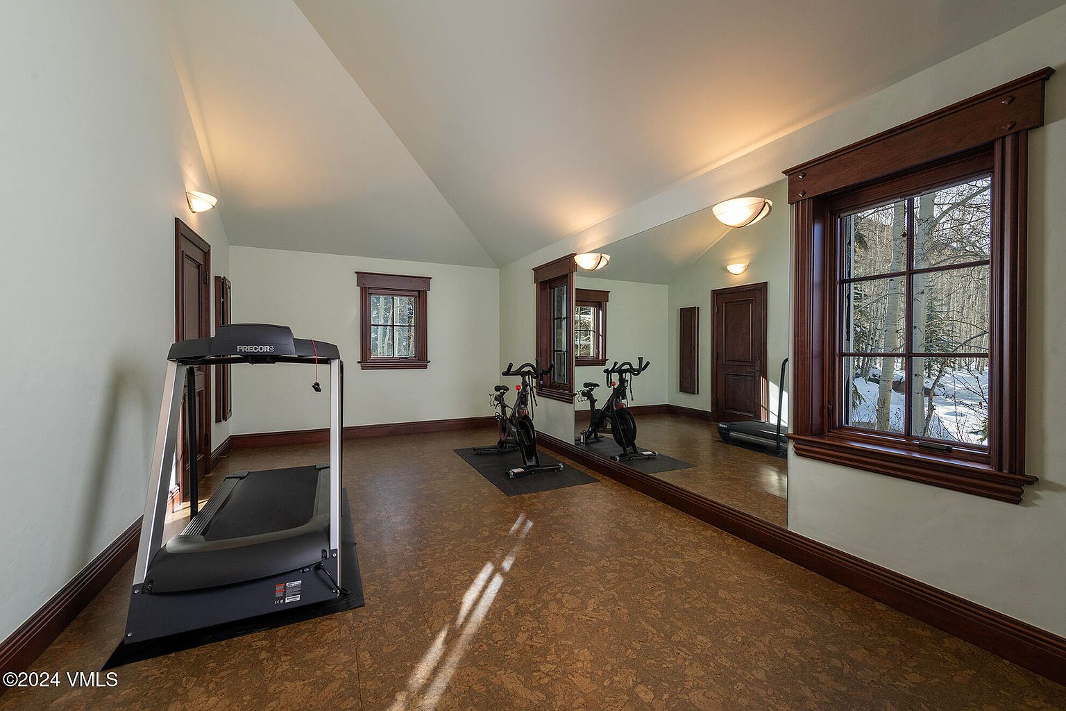 This home gym features a cork-style floor and a large wall-mounted mirror that enhances the sense of space. The room is equipped with a Precor treadmill and a stationary bike, with dark wood trim framing the windows and doors. A large window provides a view of a snowy, wooded exterior, creating a serene atmosphere for a workout.