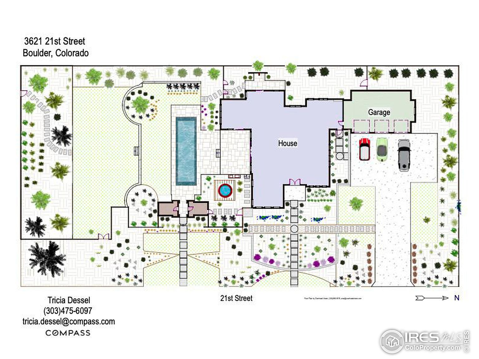 This is a detailed aerial view of a property, showcasing the house, garage, pool, and surrounding landscaping. The layout includes a well-manicured lawn, various trees and shrubs, and a driveway with parked cars. The design emphasizes outdoor living and privacy.
