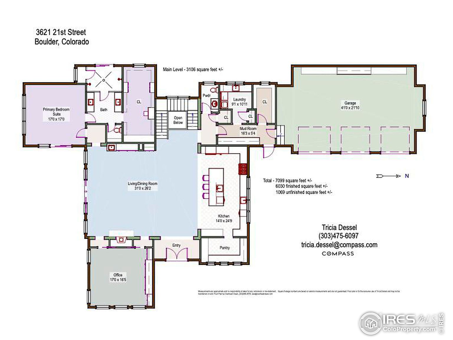 The image is a detailed floor plan of a house, showcasing the layout of rooms including the primary bedroom suite, bathrooms, living/dining room, kitchen, pantry, office, laundry room, mudroom, and garage. Dimensions are provided for each room, and the total square footage is noted. The floor plan provides a comprehensive overview of the property's structure and spatial arrangement.
