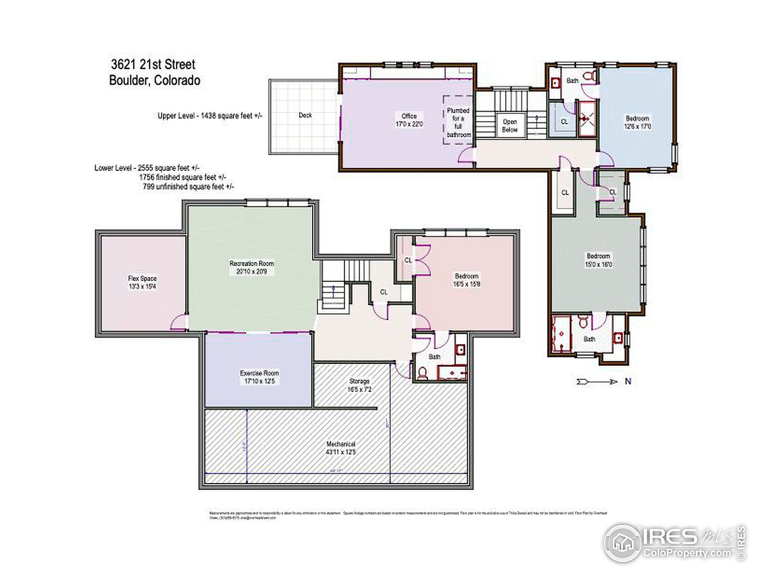 This image showcases a detailed floor plan of a two-story house, including the upper and lower levels. The upper level features an office, a bedroom, and a deck, while the lower level includes a recreation room, flex space, exercise room, storage, and mechanical area. The floor plan provides dimensions for each room, offering a comprehensive view of the property's layout and space distribution.