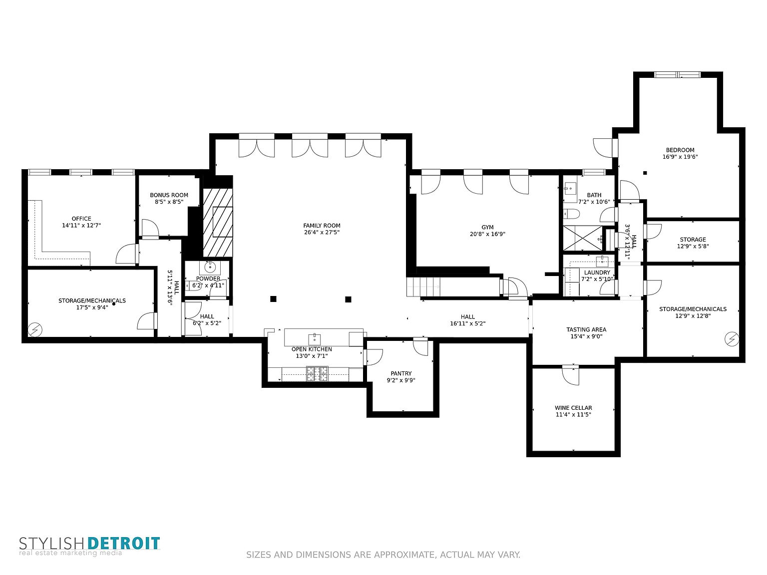 This is a floor plan of a house, showing the layout of rooms including the office, bonus room, family room, open kitchen, pantry, hall, gym, bath, laundry, tasting area, wine cellar, storage/mechanicals, and bedroom. The plan provides dimensions for each room, offering a clear understanding of the property's spatial arrangement.