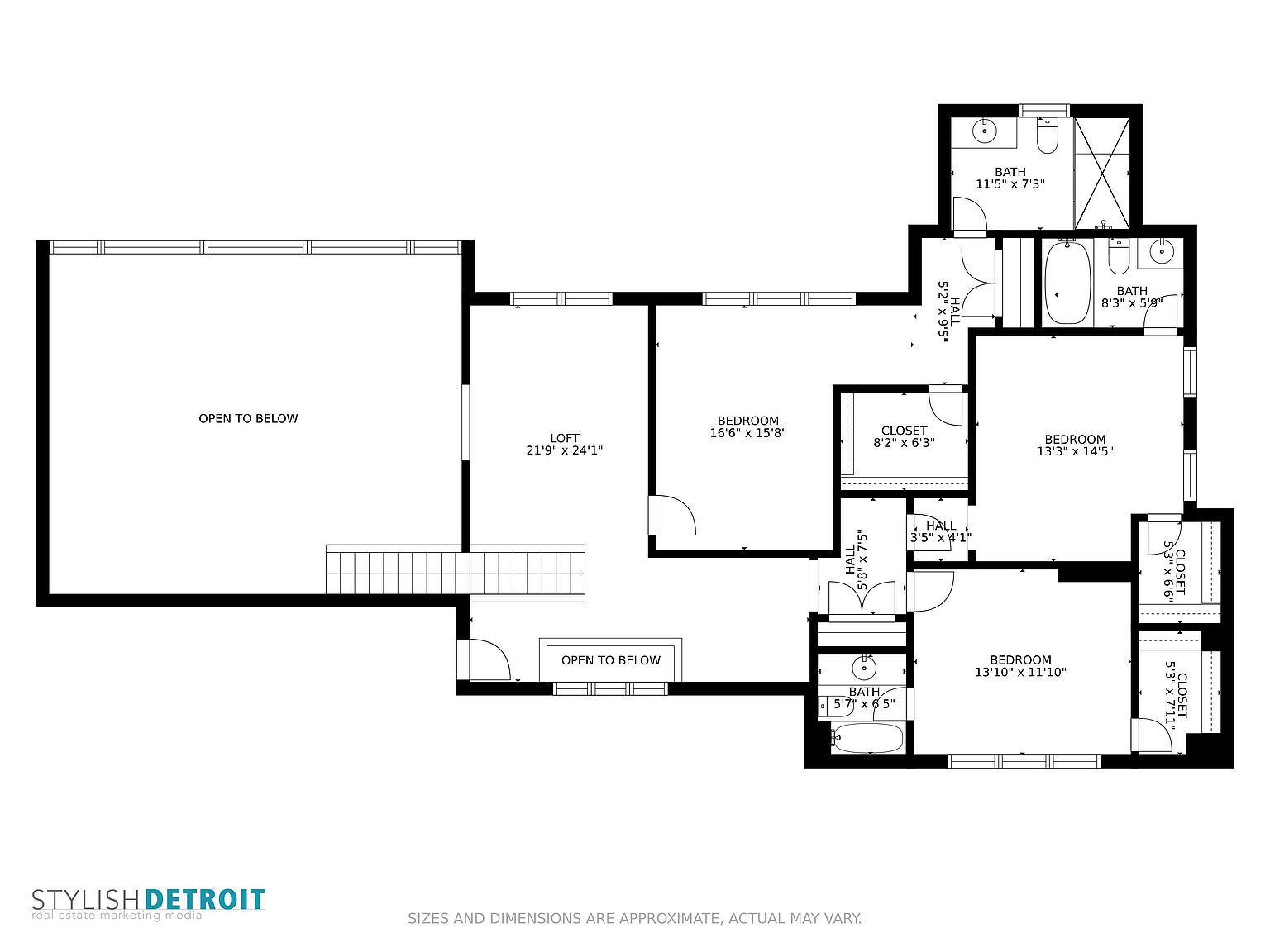 This image presents a detailed floor plan of a multi-level home, showcasing the layout of rooms including bedrooms, bathrooms, a loft, and open spaces. Dimensions are provided for each room, offering a clear understanding of the property's spatial arrangement. The floor plan is designed to give potential buyers a comprehensive overview of the home's structure and room sizes.