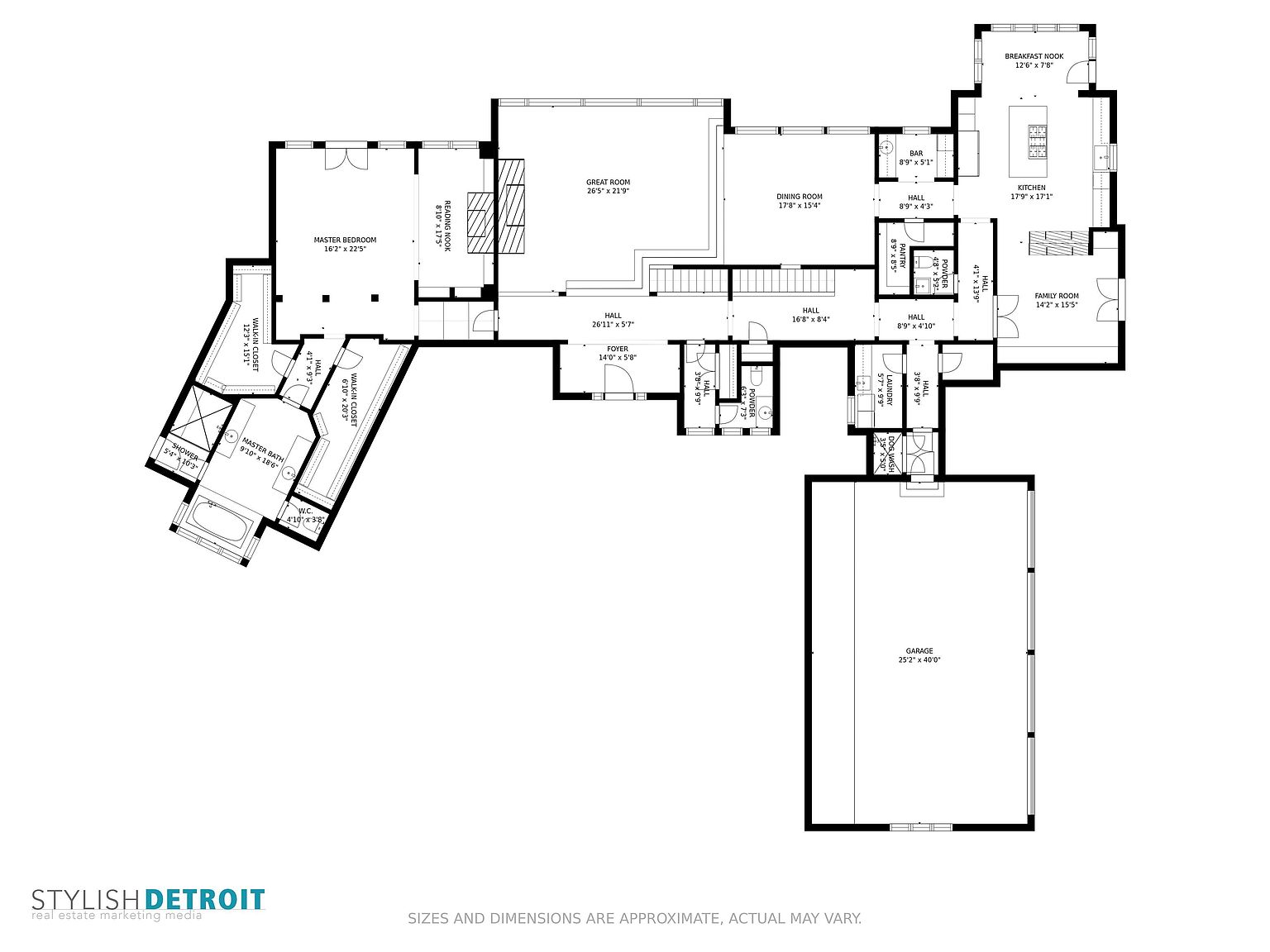 This image showcases a detailed floor plan of a house, outlining the layout of various rooms including the master bedroom, great room, dining room, kitchen, family room, and garage. The plan includes dimensions for each room and highlights features such as walk-in closets, a pantry, and a dog wash area, providing a comprehensive overview of the property's structure and spatial arrangement.