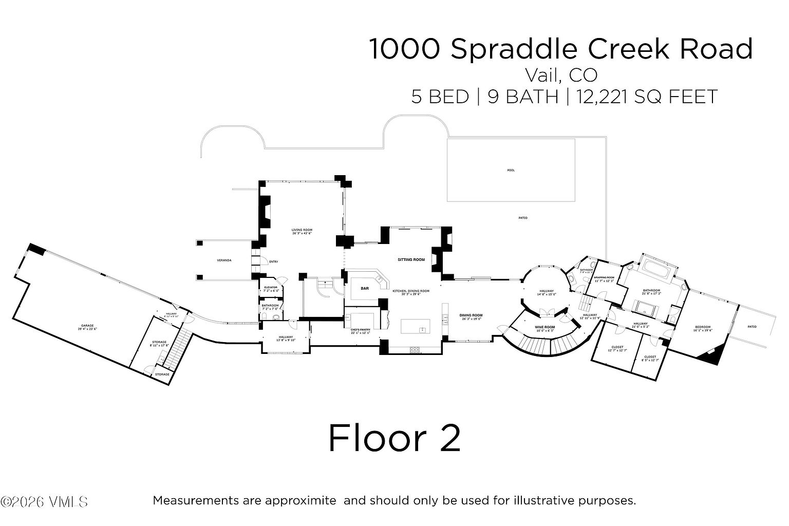 This image is a detailed architectural floor plan for the second level of a luxury residence located at 1000 Spraddle Creek Road in Vail, CO. The layout illustrates a sprawling, multi-functional space including a large living room, kitchen, dining room, wine room, and multiple bedrooms with en-suite bathrooms. The plan also highlights exterior features such as a pool, patio, and garage, providing a comprehensive overview of the home's expansive 12,221 square foot design.