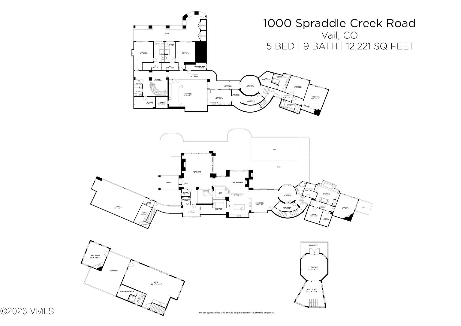 This image displays a comprehensive architectural floor plan for a large luxury residence located at 1000 Spraddle Creek Road in Vail, CO. The layout is presented in a top-down, two-dimensional schematic view, detailing the spatial arrangement of three distinct levels, including bedrooms, bathrooms, a gym, a spa room, and various living areas. The technical drawing provides a clear overview of the home's expansive 12,221 square foot footprint and complex, multi-wing design.
