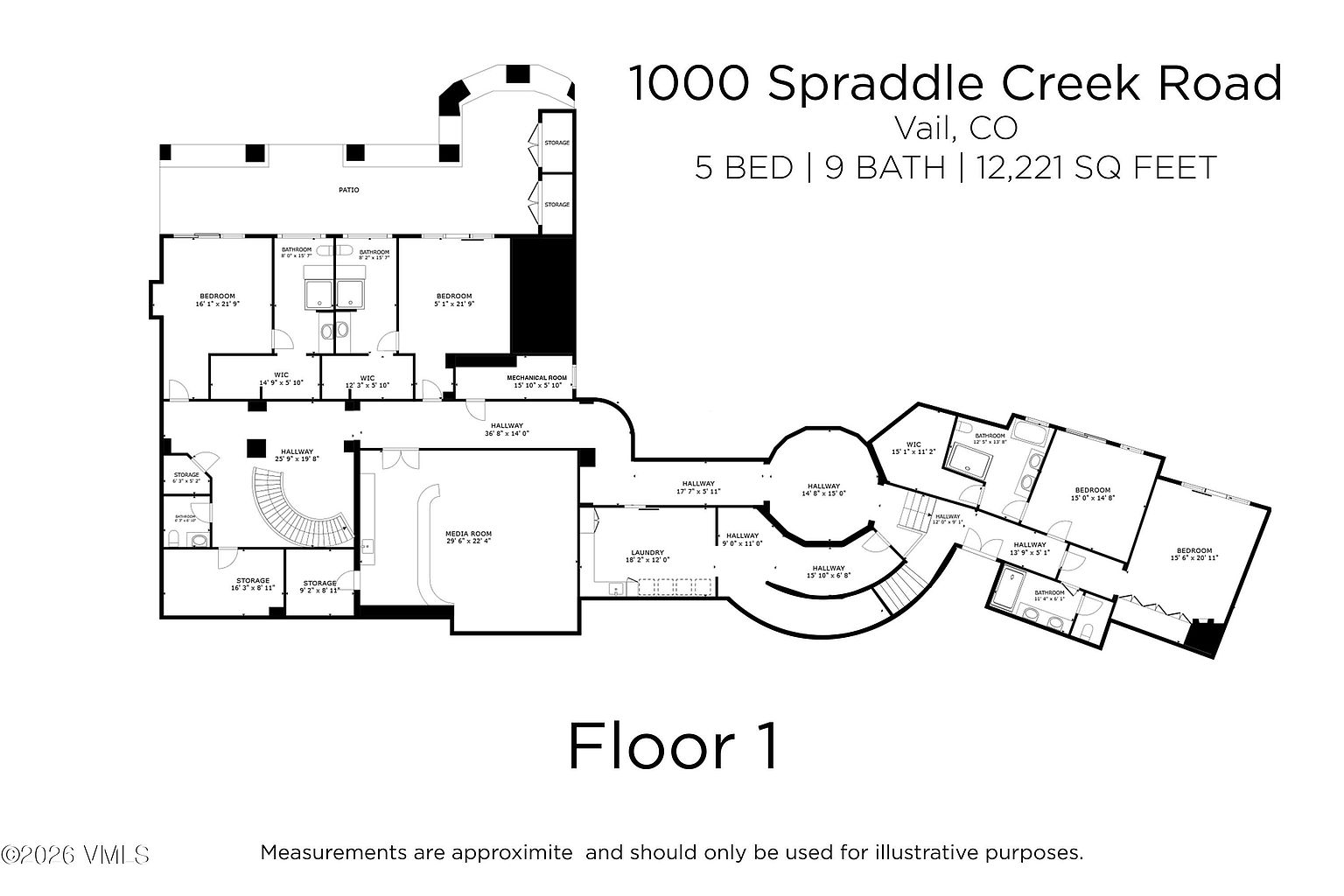 This image is a detailed architectural floor plan for the first level of a large luxury residence located at 1000 Spraddle Creek Road in Vail, CO. The layout illustrates a sprawling 12,221 square foot space featuring five bedrooms, nine bathrooms, a media room, laundry facilities, and extensive storage areas. The schematic provides a top-down, technical view of the room dimensions, hallway configurations, and the connection to an outdoor patio space.