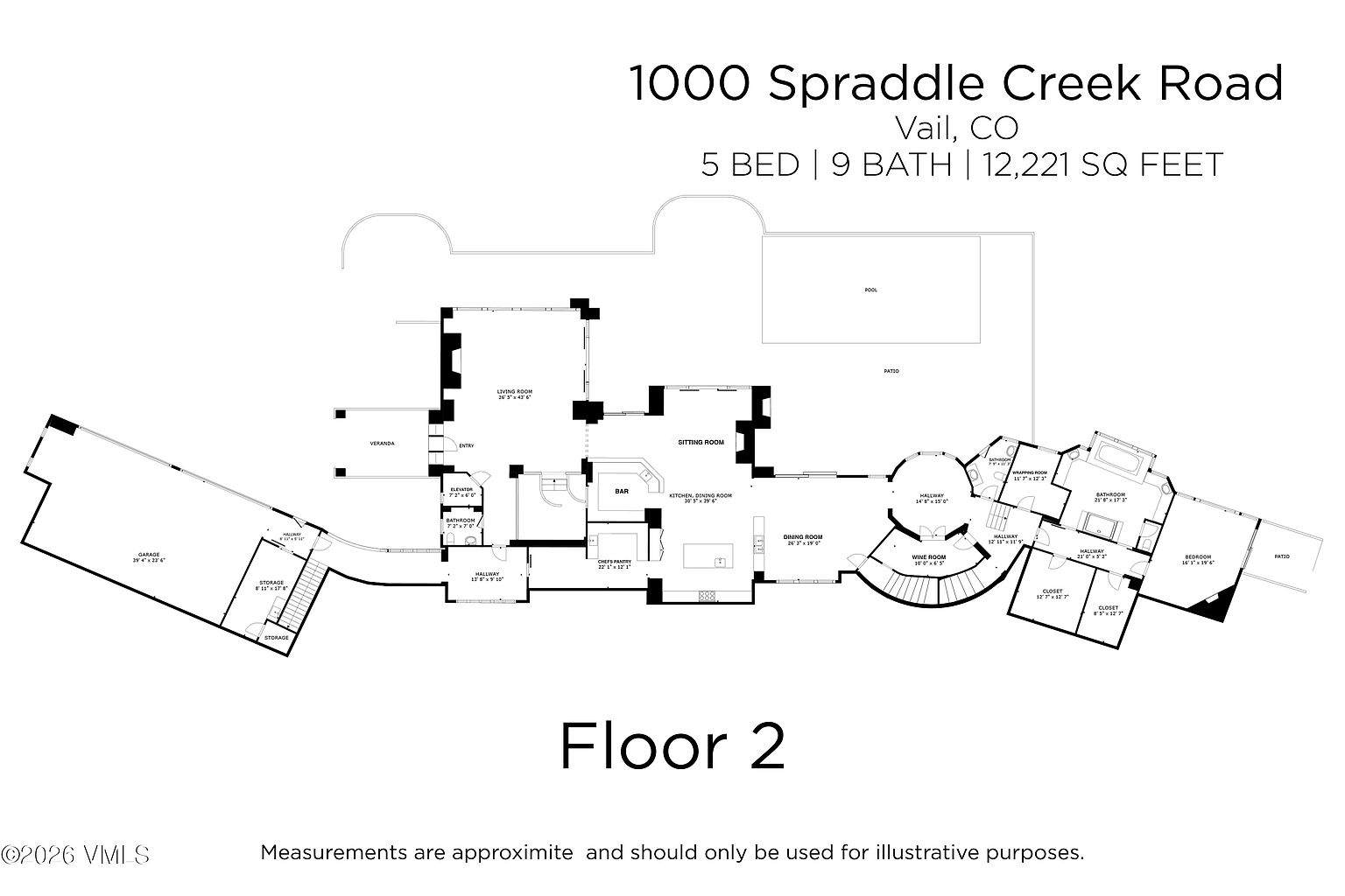 This image is a detailed architectural floor plan for the second level of a luxury residence located at 1000 Spraddle Creek Road in Vail, CO. The layout illustrates a sprawling, open-concept design featuring a large living room, a kitchen with a dining area, a bar, a wine room, and multiple bedrooms with en-suite bathrooms. The plan also highlights exterior features such as a pool, multiple patios, a veranda, and a spacious garage, providing a comprehensive overview of the home's expansive 12,221 square foot footprint.