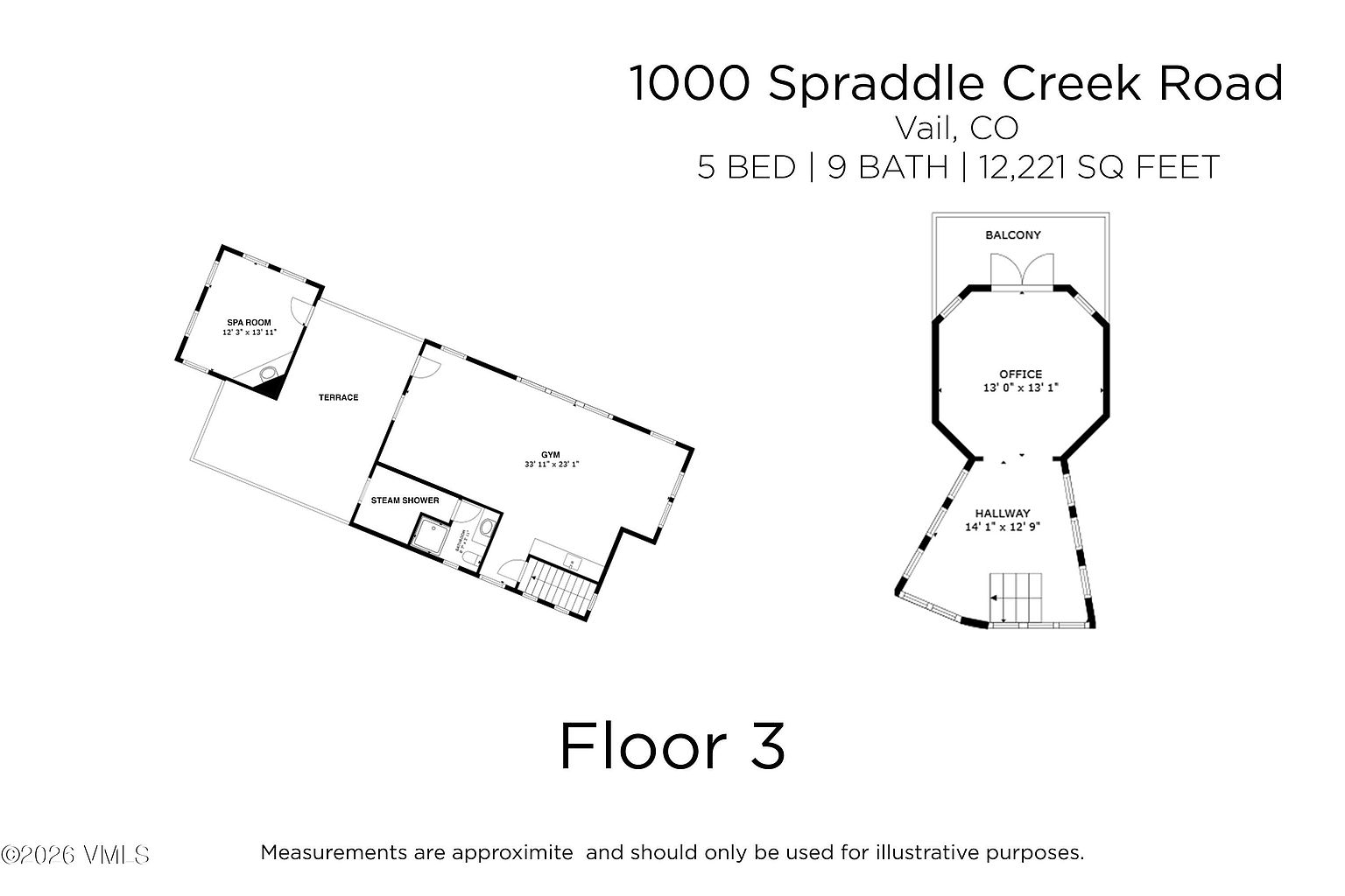 This image displays a detailed architectural floor plan for the third level of a luxury residence located at 1000 Spraddle Creek Road in Vail, CO. The layout features a spacious gym, a spa room with an adjacent terrace, a steam shower, and a separate office area connected by a hallway. The diagram provides specific room dimensions and illustrates the spatial configuration of these high-end amenities.