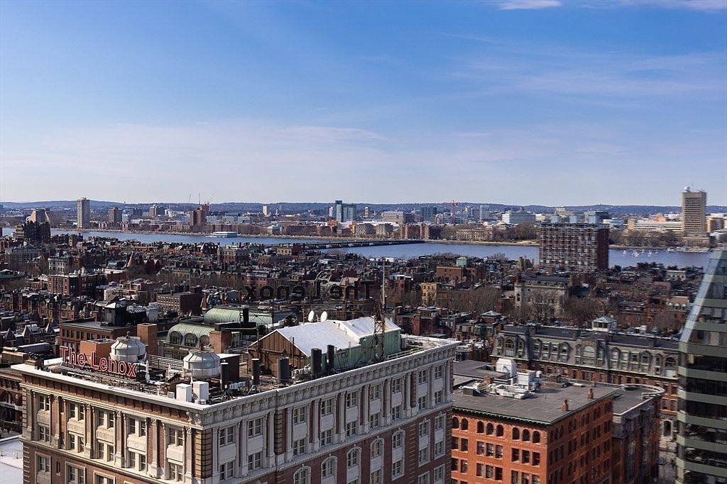 This aerial view showcases a sprawling cityscape with a prominent river winding through it. The foreground features a cluster of buildings, including "The Lenox" hotel, with a mix of architectural styles. The overall impression is one of a vibrant, established urban environment with a mix of historic and modern buildings.