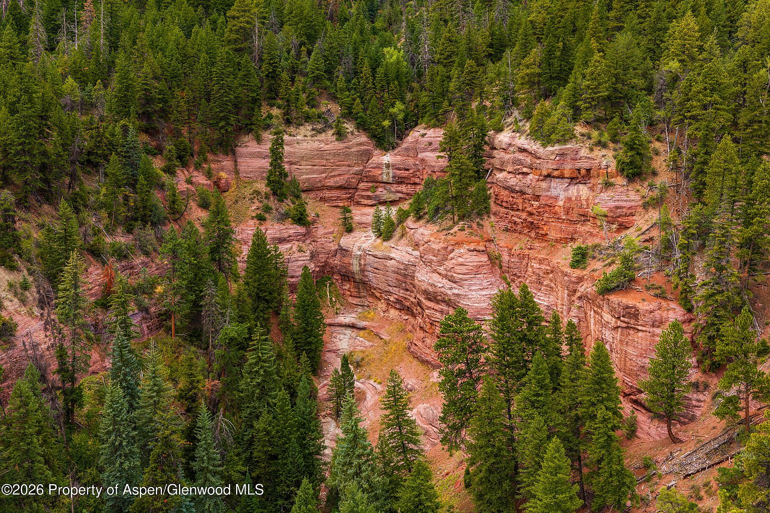This aerial perspective captures a rugged, natural landscape featuring dramatic red rock cliffs and a dense forest of evergreen trees. The terrain showcases layered geological formations with a small, seasonal waterfall trickling down the rock face into a ravine below. The scene emphasizes the raw, untouched beauty of the property's natural surroundings.