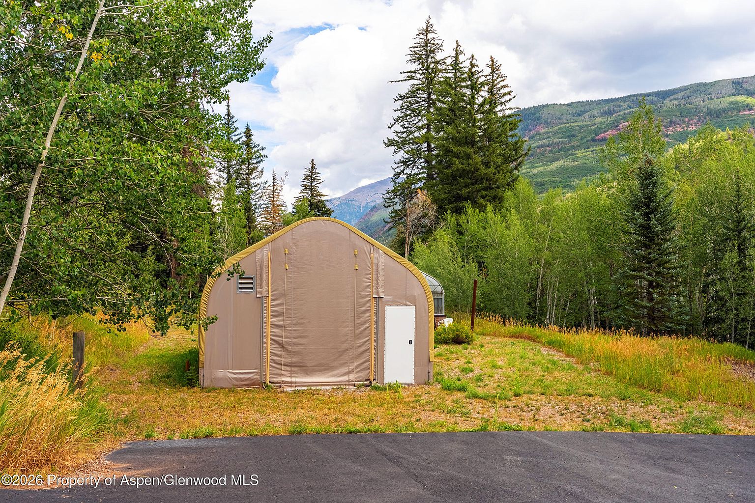 This image features a large, arched, fabric-covered structure situated on a grassy lot surrounded by dense forest and mountain views. The structure includes a white door and a small vent, set against a backdrop of tall pine and aspen trees under a partly cloudy sky. The foreground shows a paved driveway leading up to the grassy area, emphasizing the rural, natural setting of the property.