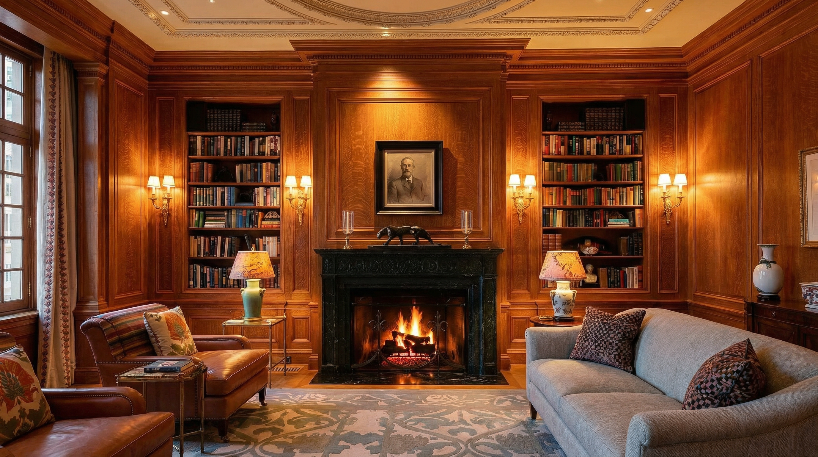This grand, wood-paneled living room exudes classic elegance with its rich mahogany walls, intricate crown molding, and a stately fireplace as the focal point. The space is furnished with plush, light-toned sofas and a patterned ottoman, all anchored by a large, ornate area rug that complements the sophisticated aesthetic. A crystal chandelier hangs from the ceiling, casting a warm glow over the room, which is further enhanced by built-in bookshelves and large windows that invite natural light.