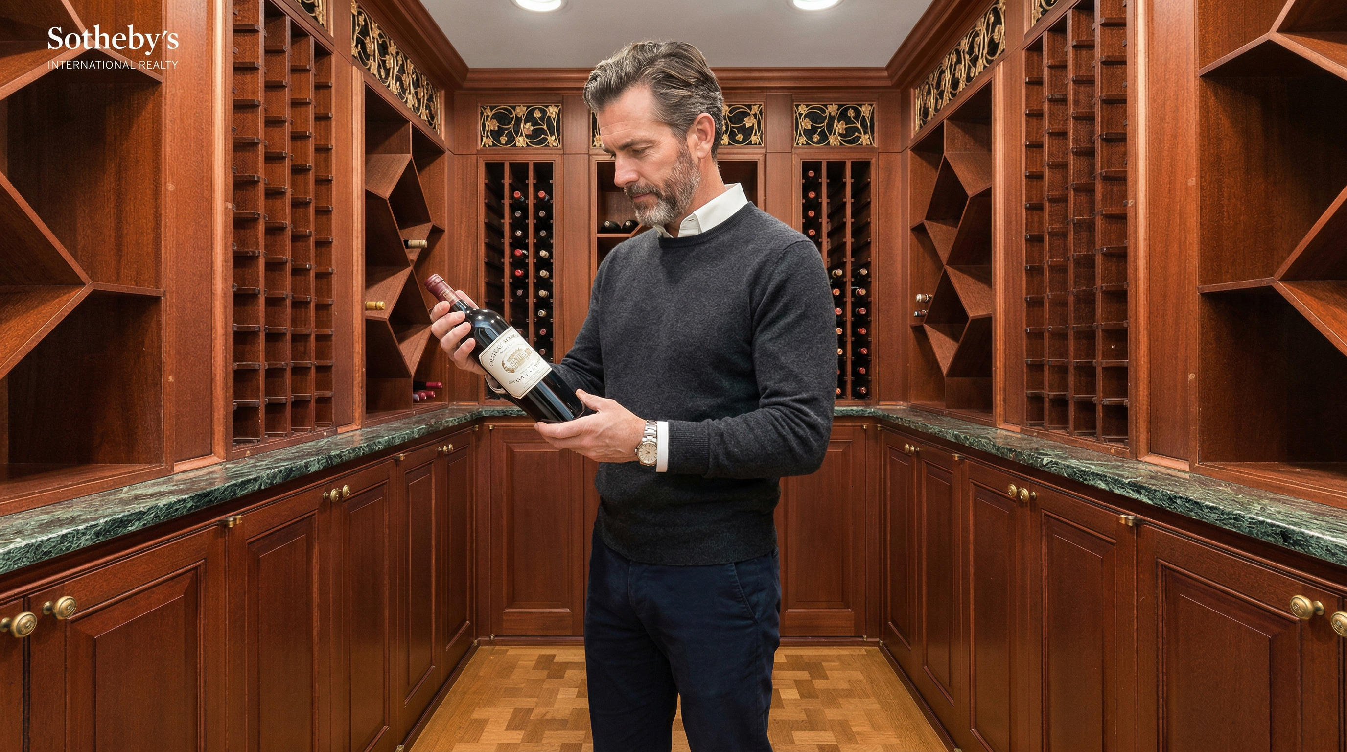 This sophisticated wine cellar features extensive custom mahogany woodwork throughout, emphasizing a classic and refined aesthetic. The space is expertly organized with built-in bottle racks, elegant ornate carvings, and a striking green marble countertop, providing a professional and luxurious environment for wine collection display.