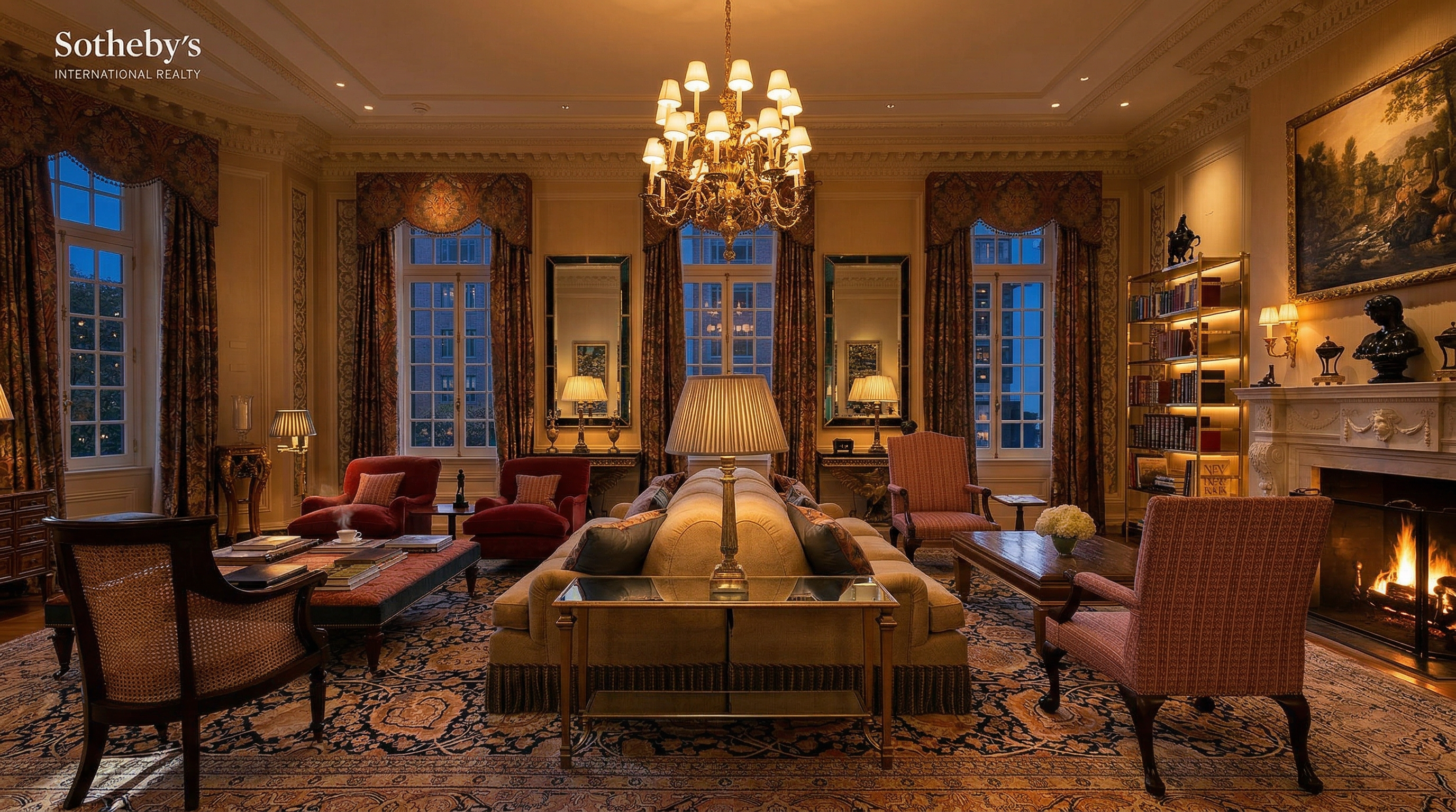 This opulent living room exudes classic elegance with its high ceilings, intricate crown molding, and a grand crystal chandelier as the centerpiece. The space is furnished with plush, traditional seating, including a large central sofa and patterned armchairs, all arranged on a rich, ornate area rug. Large windows draped in heavy, patterned curtains allow natural light to fill the room, which also features a fireplace with a decorative mantel and a built-in bookshelf, creating a sophisticated and inviting atmosphere.