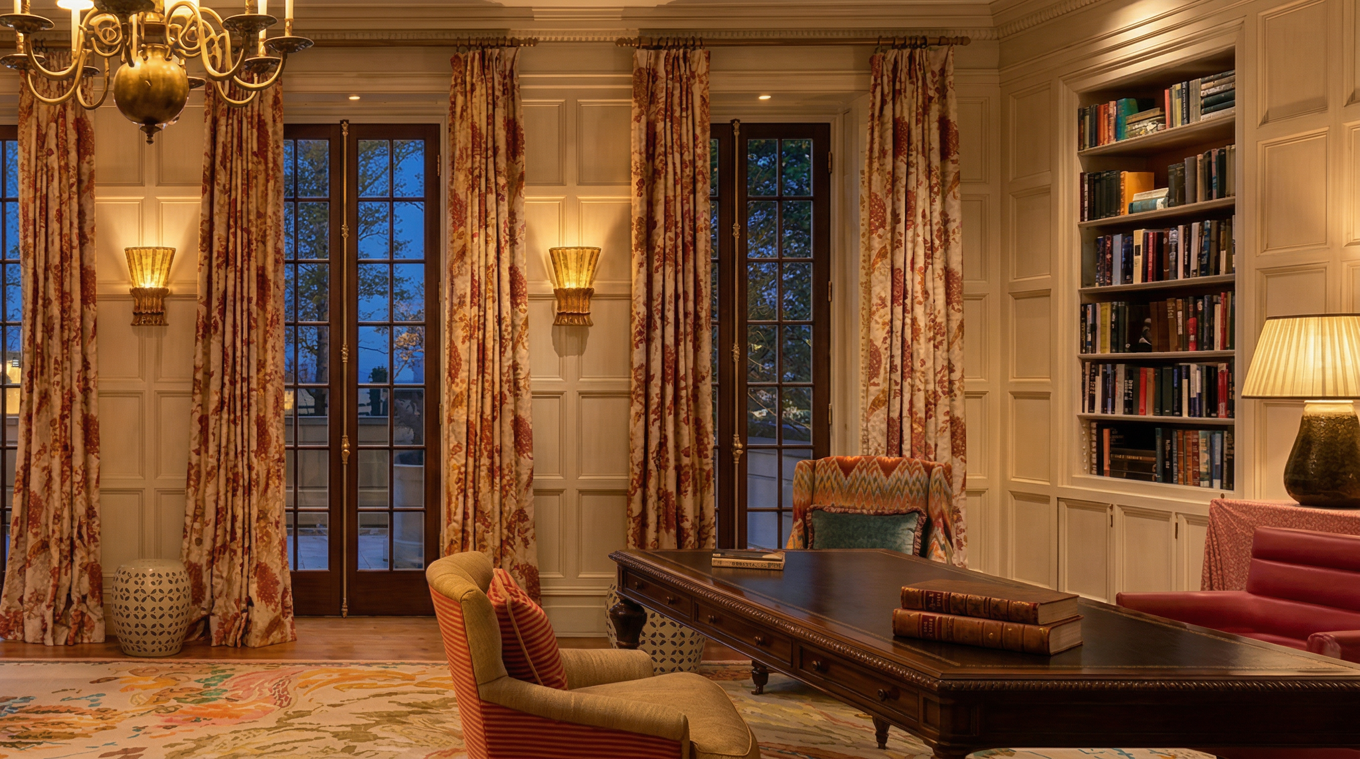 This elegant home office features wood-paneled walls, built-in bookshelves, and classic patterned drapes framing French doors. The room is anchored by a stately dark wood desk, warm ambient lighting from wall sconces, and a decorative chandelier, creating a sophisticated and scholarly atmosphere.
