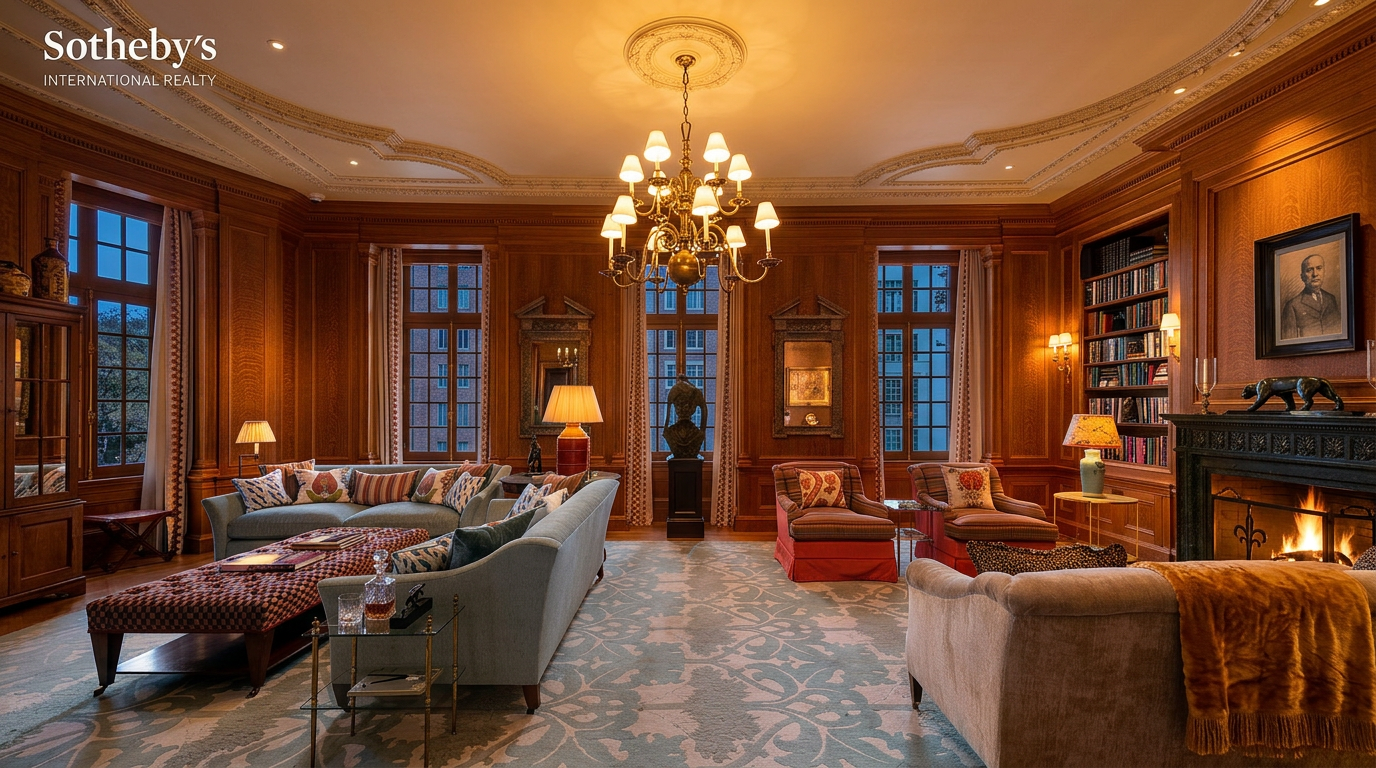 This grand, wood-paneled living room exudes classic elegance with its intricate crown molding, built-in bookshelves, and a stately fireplace. The space is furnished with plush, traditional seating arranged around a large, patterned area rug, all illuminated by a magnificent crystal chandelier. The perspective is a wide, eye-level shot that captures the room's symmetrical layout and sophisticated, library-like atmosphere.