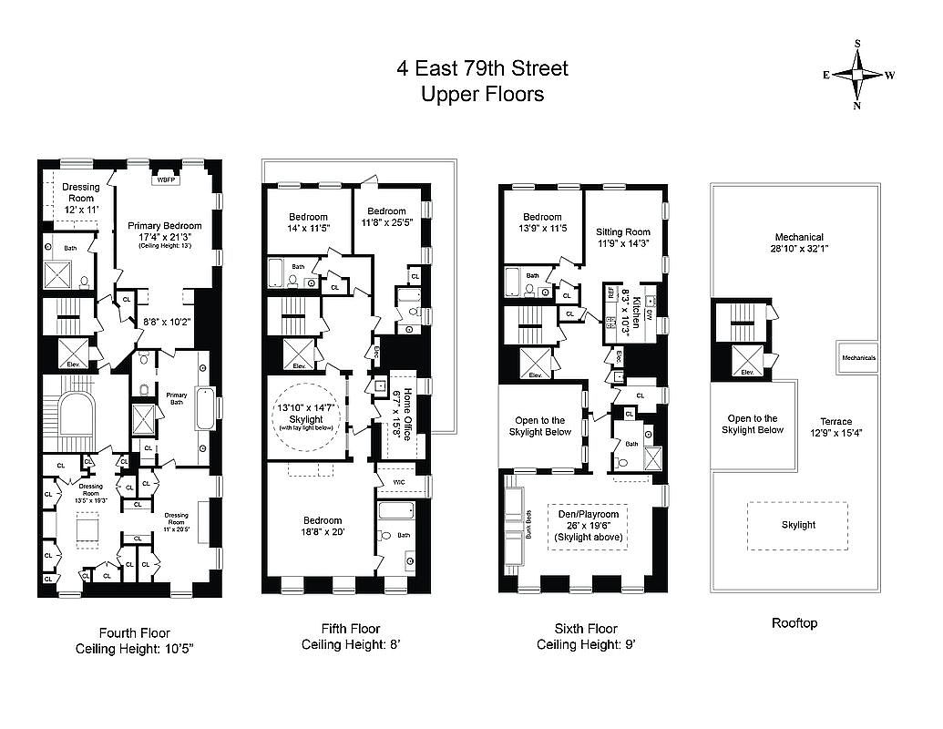 This image is a detailed architectural floor plan for the upper levels of a multi-story residence at 4 East 79th Street. It illustrates the layout of the fourth, fifth, and sixth floors, as well as the rooftop, showcasing various bedrooms, bathrooms, dressing rooms, a home office, a kitchen, and a den. The diagram provides a clear, top-down technical perspective of the spatial arrangement and dimensions for each room.