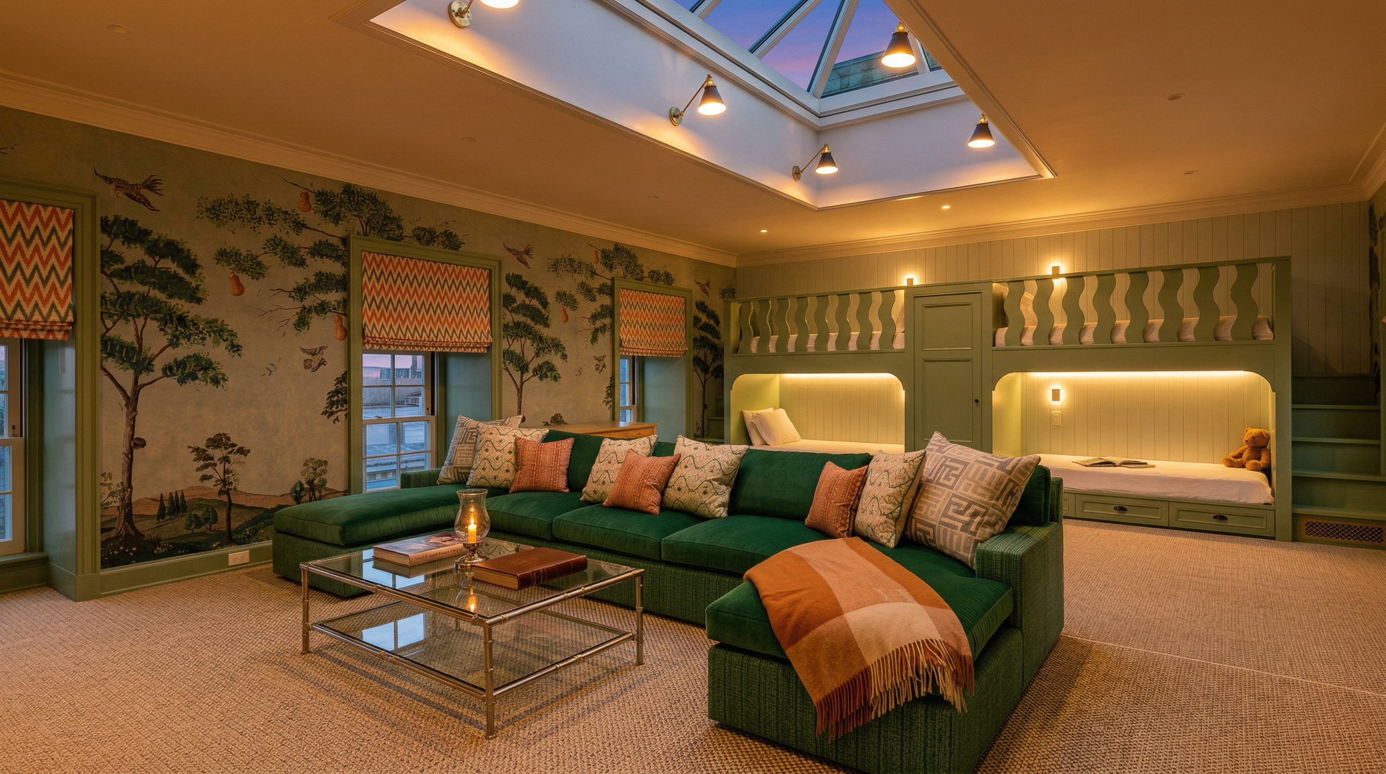 This spacious and whimsical bedroom features a large, vibrant green sectional sofa centered in the room, complemented by built-in bunk beds with a matching green finish. The walls are adorned with a charming, nature-inspired mural, while a large skylight floods the space with natural light, creating an airy and inviting atmosphere. The room combines playful design elements with functional living space, making it an ideal retreat for children or guests.