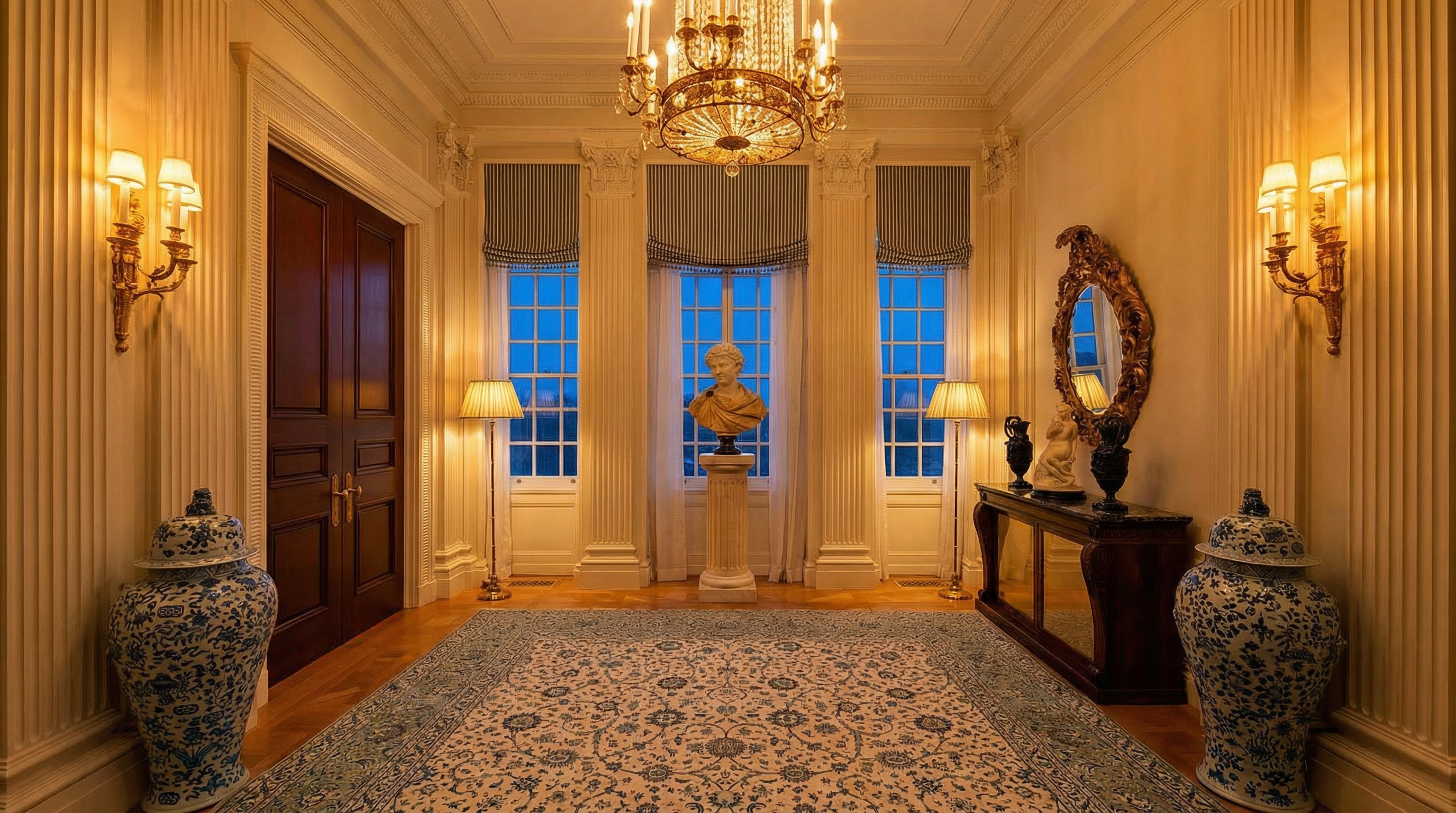 This elegant, symmetrical foyer features a grand chandelier, a central bust on a pedestal, and two large blue-and-white porcelain ginger jars flanking the entrance. The space is defined by classic architectural details, including fluted wall columns, a rich hardwood floor, and a large, intricate area rug. The perspective is a centered, eye-level shot that emphasizes the formal, luxurious, and balanced design of the entryway.