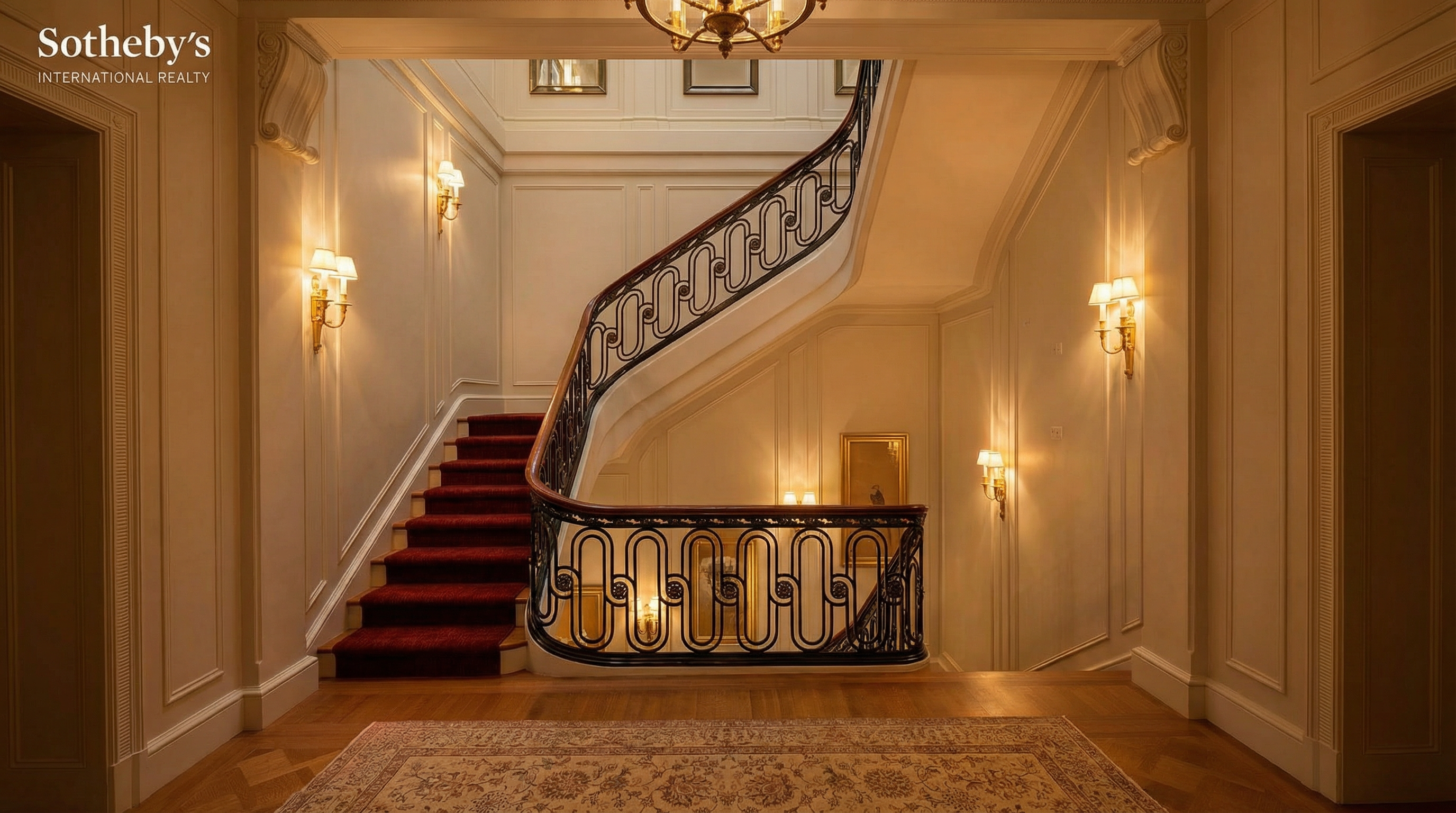 This elegant staircase features a sweeping, ornate wrought-iron railing with a polished wooden handrail, leading the eye upward toward a magnificent circular stained-glass skylight. The walls are adorned with classic molding, framed artwork, and sophisticated wall sconces, creating a grand and luxurious atmosphere. The perspective is captured from a low angle, emphasizing the architectural height and the intricate craftsmanship of the ceiling feature.