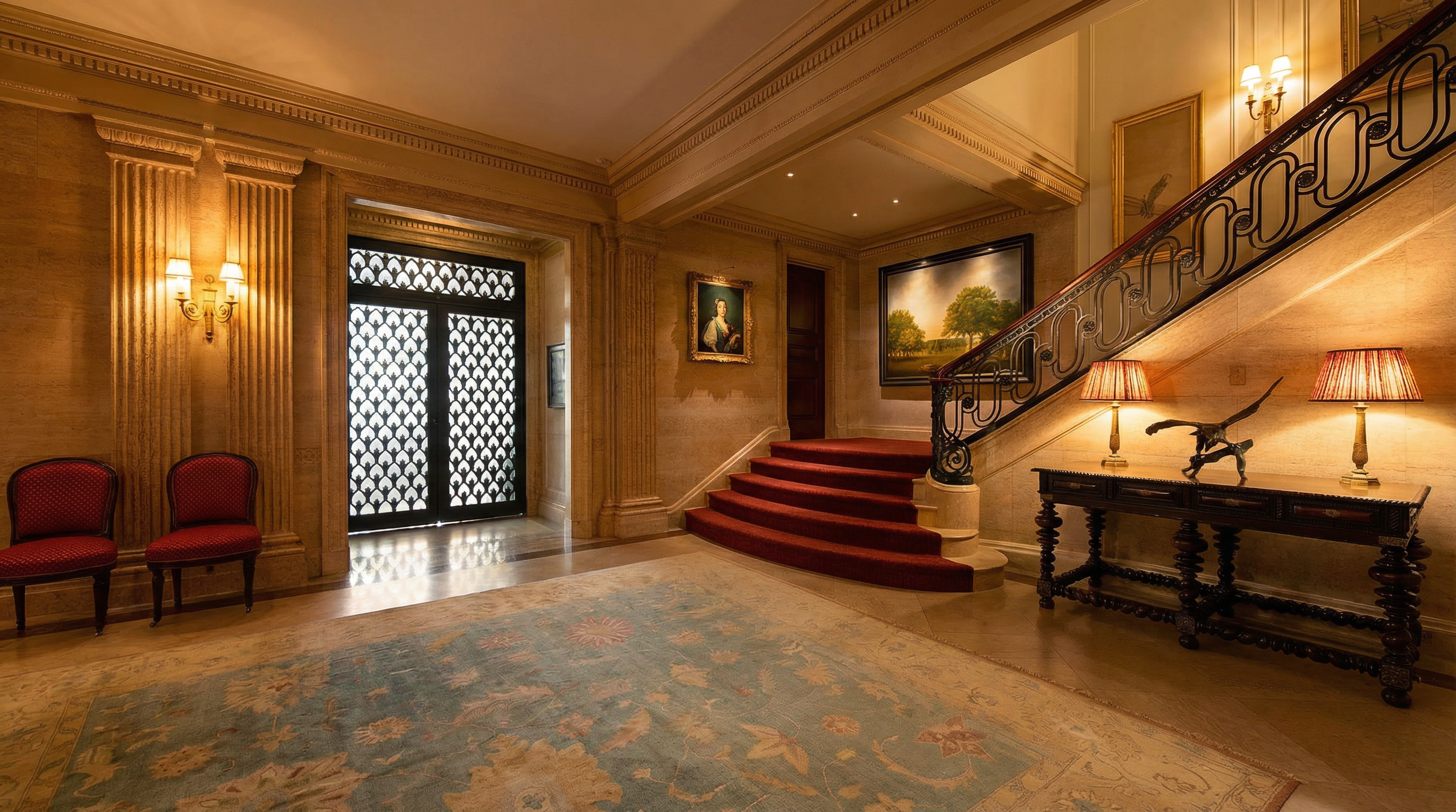 This grand foyer features an opulent, classical design with intricate stone wall detailing, a sweeping staircase with a decorative wrought-iron railing, and a plush red carpet runner. The space is anchored by a large, ornate area rug and a sophisticated console table, creating an atmosphere of timeless elegance and luxury. The perspective is wide and inviting, showcasing the high ceilings and the seamless transition between the entryway and the upper levels.