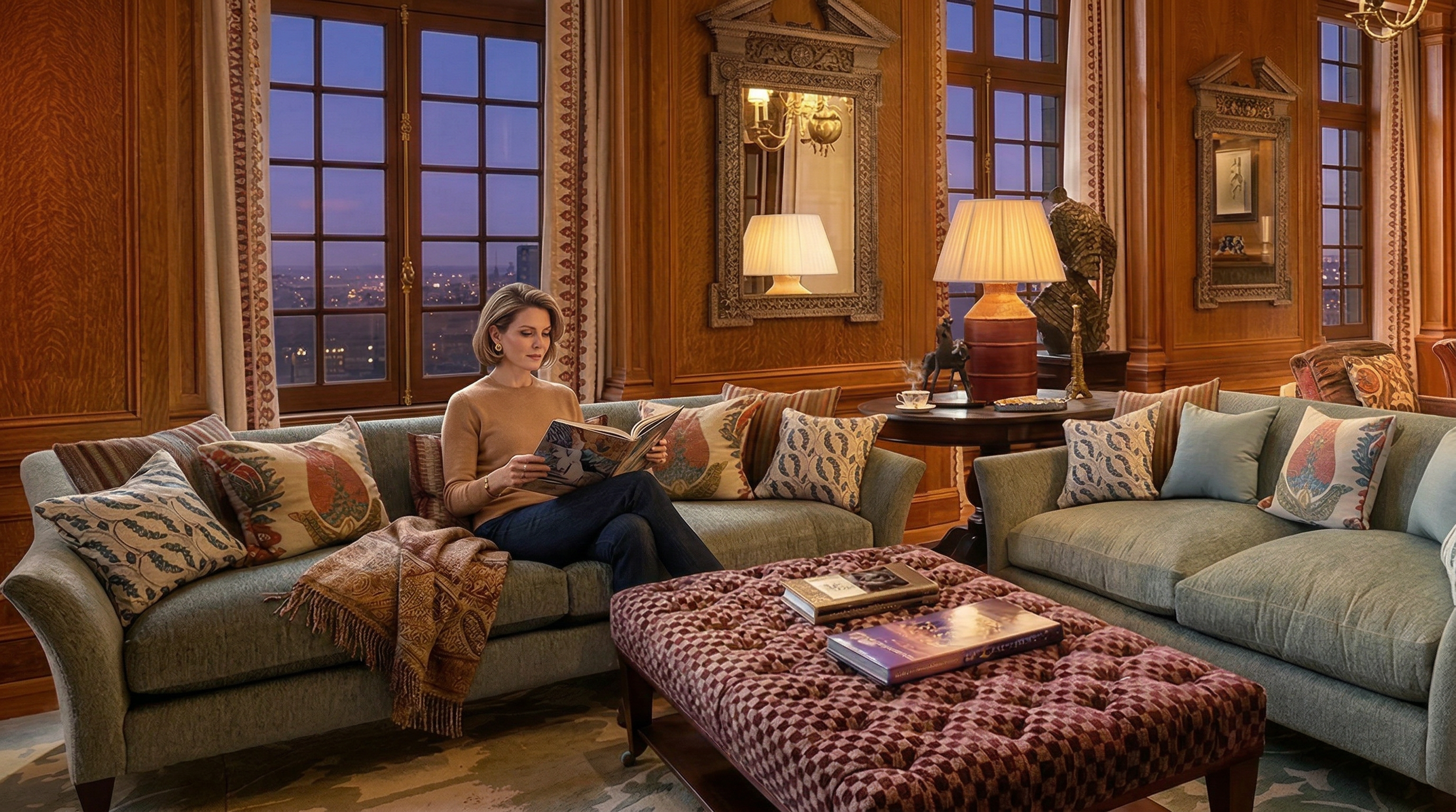 This sophisticated, traditional-style living room features warm wood-paneled walls and a set of plush sofas centered around a tufted, patterned ottoman. Large windows provide a scenic evening view, while decorative mirrors and ambient lamp lighting enhance the elegant, library-like atmosphere. The combination of classic architecture and comfortable, textured furnishings makes this space feel both luxurious and inviting.
