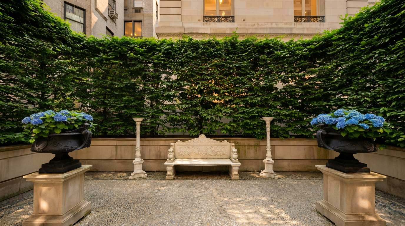 This elegant, private terrace features a classic stone bench centered against a lush, manicured hedge wall, creating a serene and sophisticated outdoor retreat. The space is framed by two ornate black urns overflowing with vibrant blue hydrangeas, set atop stone pedestals, while the ground is finished with a textured pebble mosaic. The perspective is a symmetrical, eye-level shot that emphasizes the formal, European-inspired garden aesthetic.