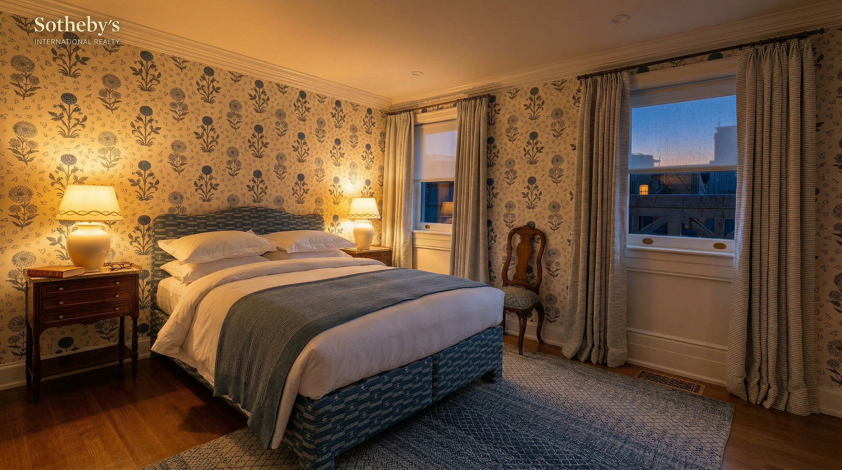 This charming bedroom features a classic aesthetic with blue and white floral wallpaper and a matching upholstered bed frame. The room is brightened by two windows dressed in floor-length curtains, while a wooden nightstand and a vintage-style chair add a touch of traditional elegance. A textured blue area rug anchors the space, creating a cozy and inviting atmosphere.