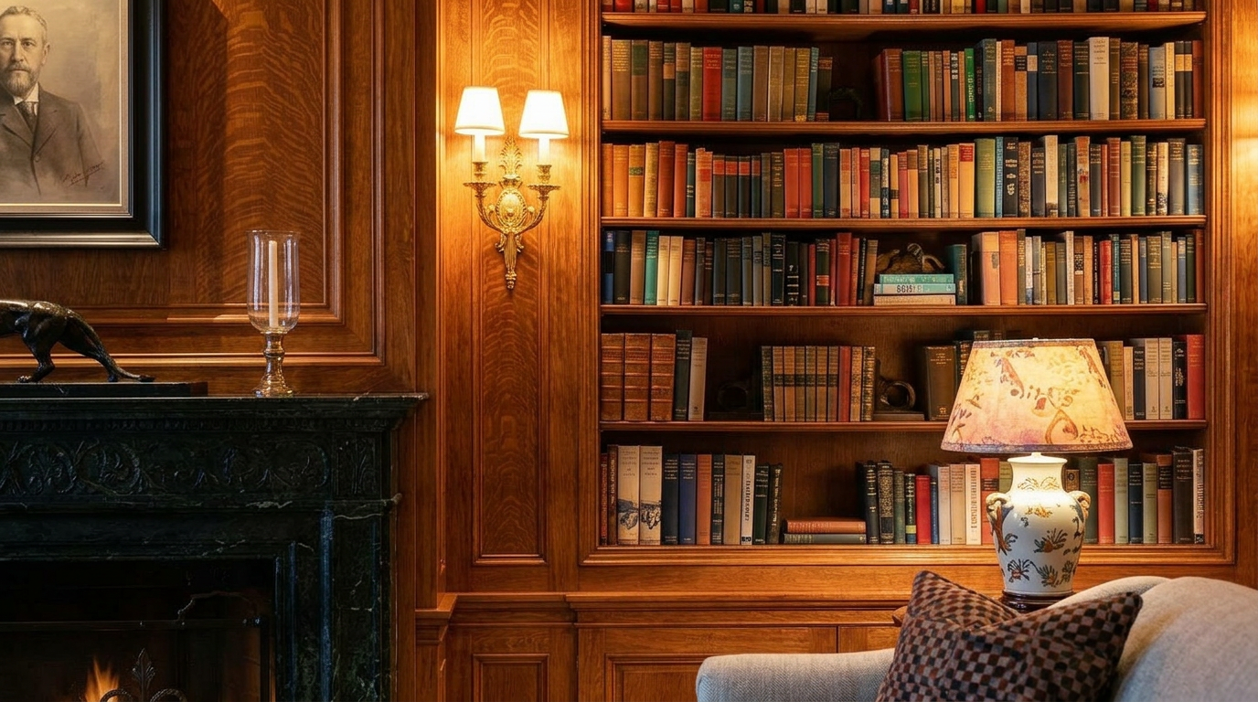 This sophisticated, wood-paneled library/study exudes a timeless, academic elegance with floor-to-ceiling built-in shelving and a grand fireplace as its centerpiece. Featuring a warm color palette, comfortable leather armchairs, and a plush patterned rug, the space offers a cozy yet executive atmosphere. The inclusion of decorative sconces and a portrait above the mantle adds to the classic, refined character of the room.