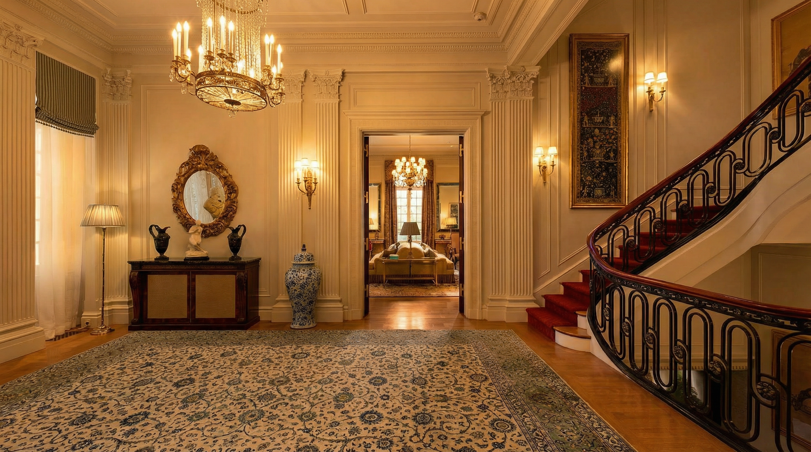 This grand foyer showcases a luxurious, classical aesthetic with a sweeping staircase featuring an ornate iron railing and a rich red carpet runner. The space is anchored by a large, intricate area rug, a crystal chandelier, and a console table topped with a decorative mirror and urns. A wide doorway leads into an adjacent room, creating a sense of depth and architectural elegance throughout the entryway.